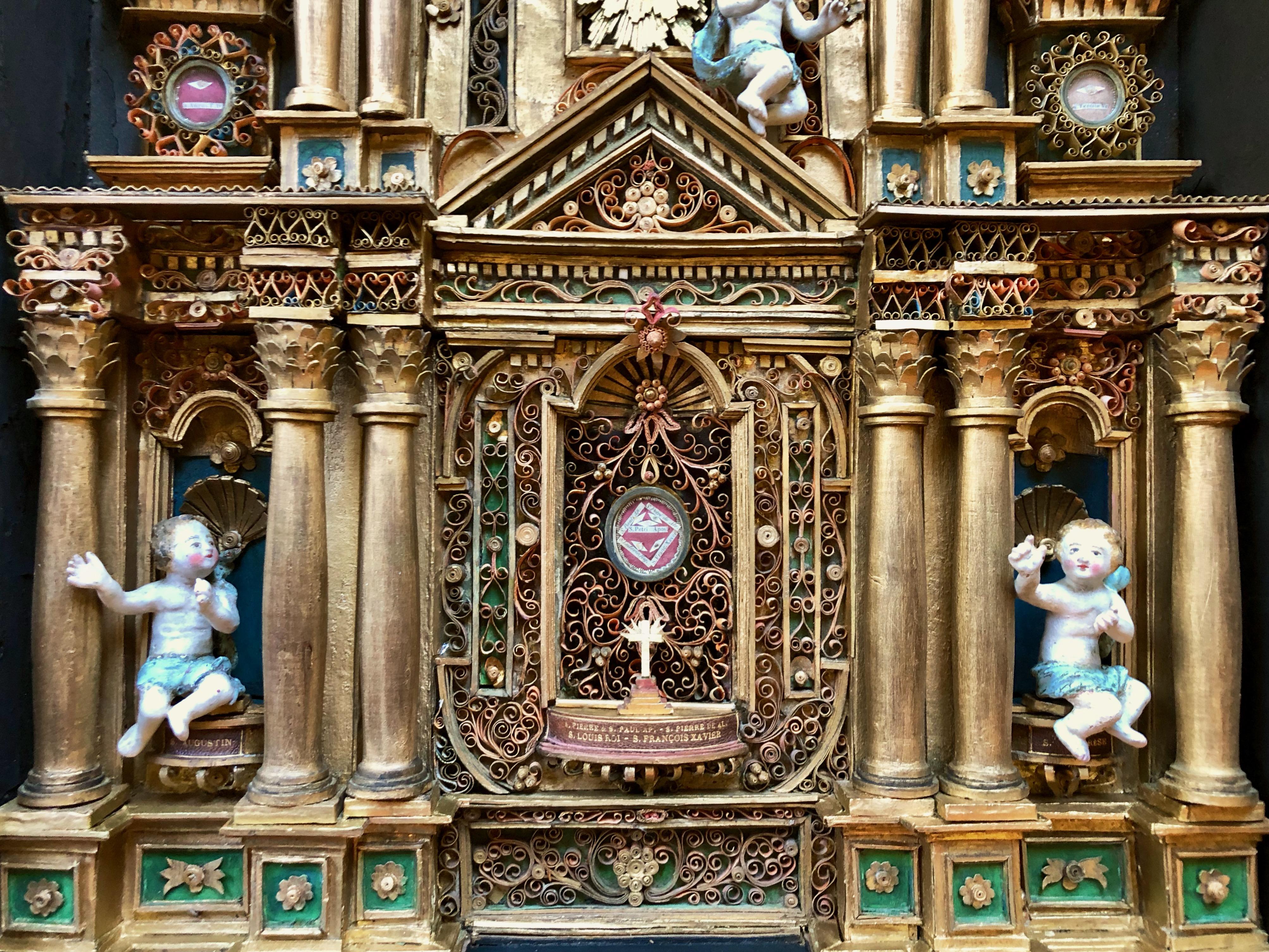 Wood Large French Reliquary with Relics of Saints and Paperolles, 1800s For Sale