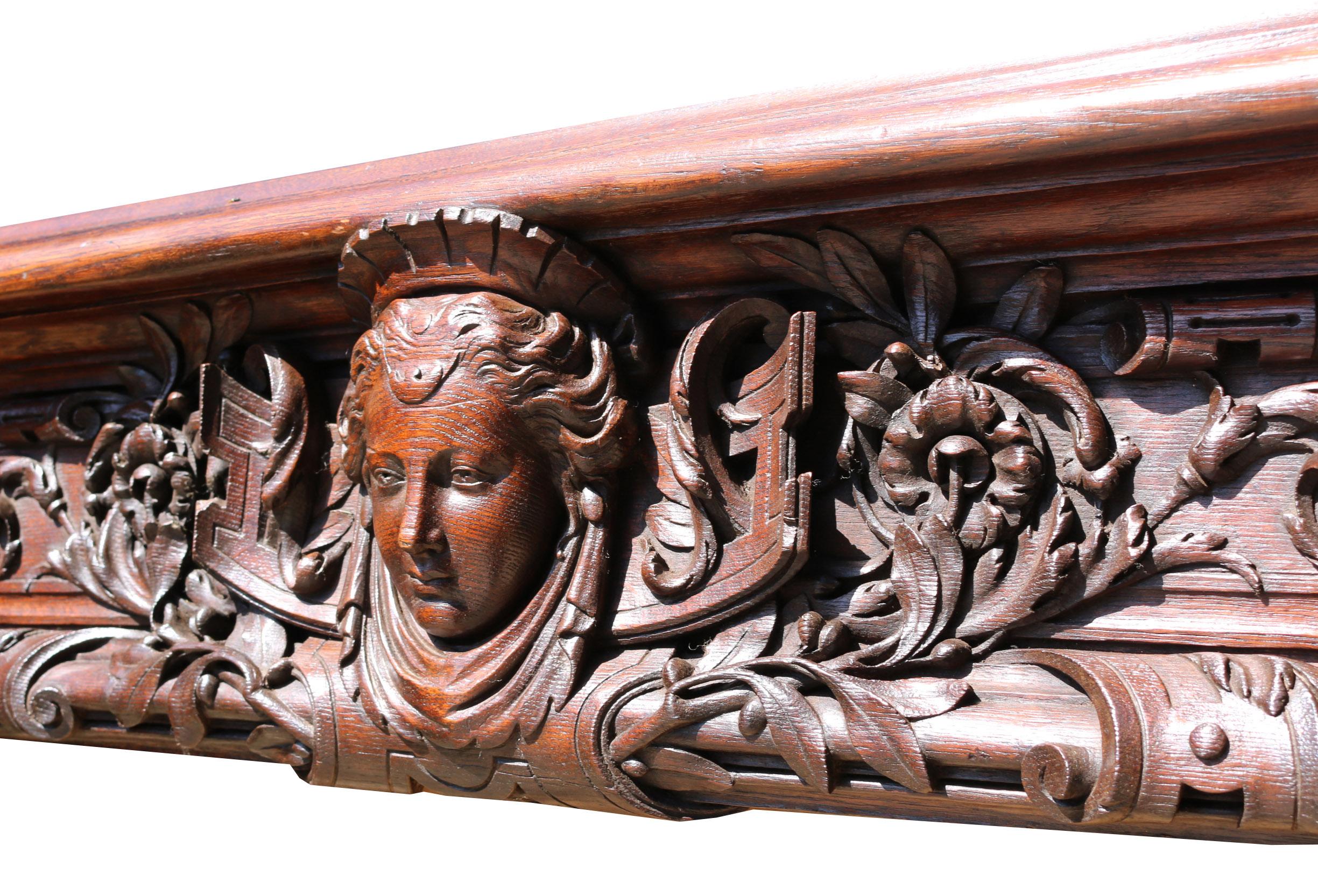 Large French Renaissance Carved Oak Fire Mantel In Good Condition For Sale In Wormelow, Herefordshire