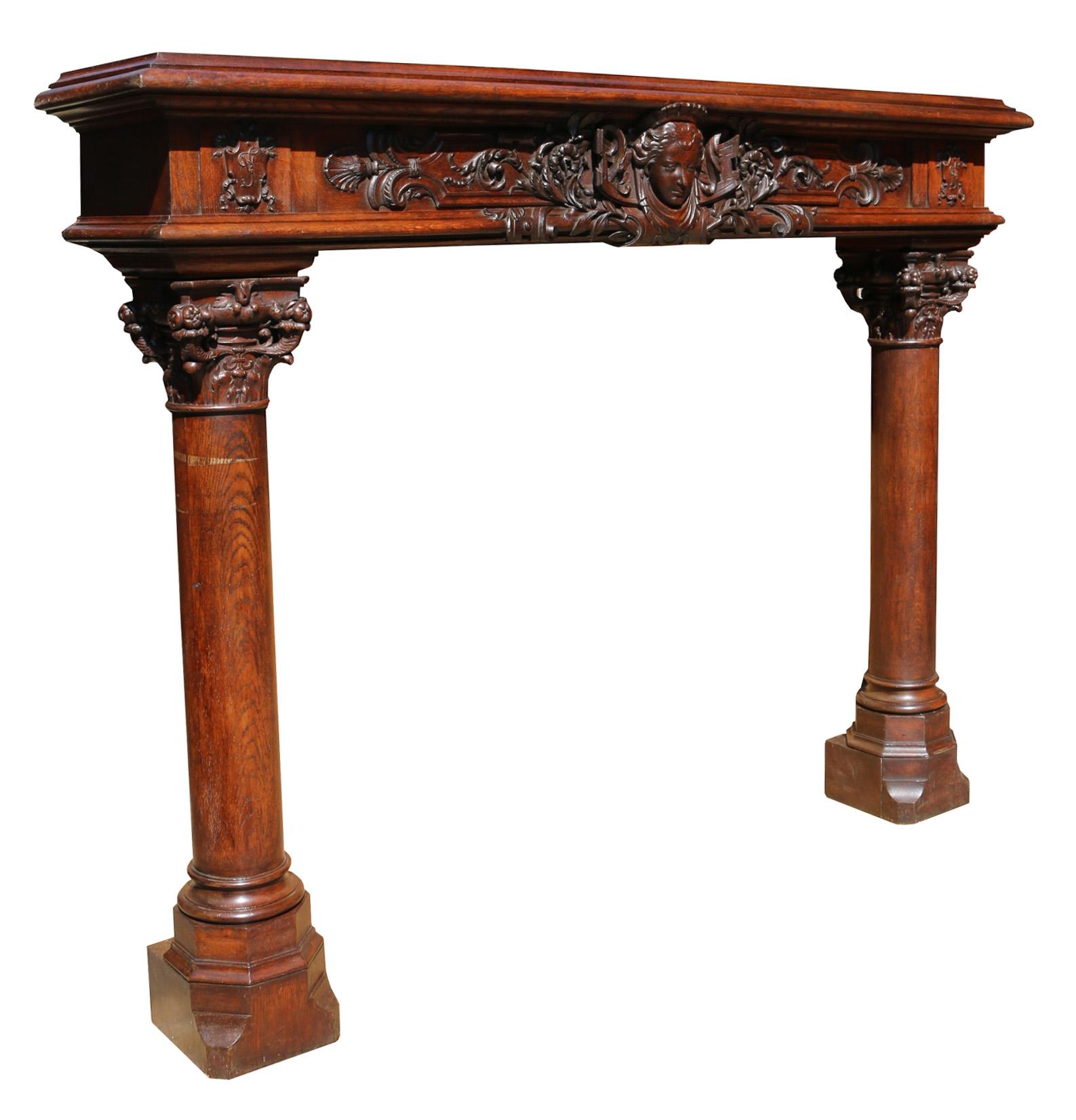 19th Century Large French Renaissance Carved Oak Fire Mantel For Sale
