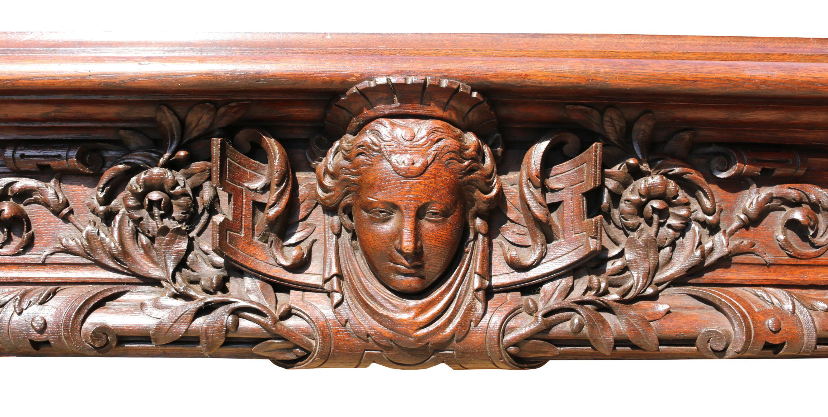 Large French Renaissance Carved Oak Fire Mantel For Sale 1