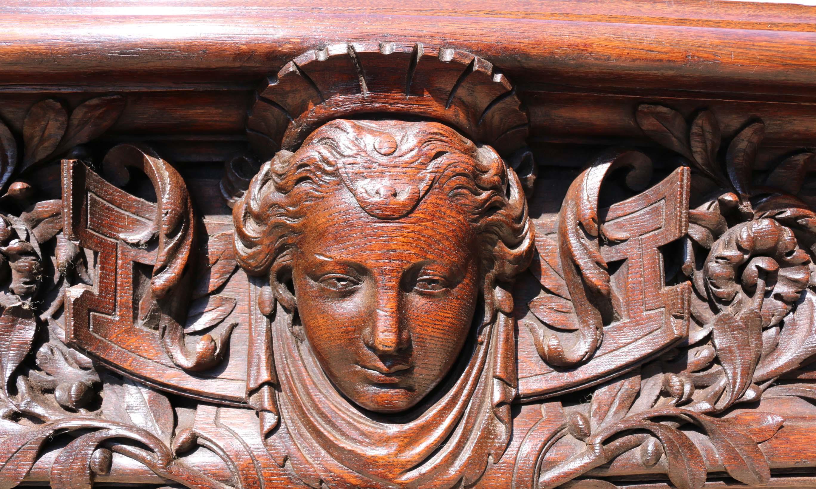 Large French Renaissance Carved Oak Fire Mantel For Sale 2