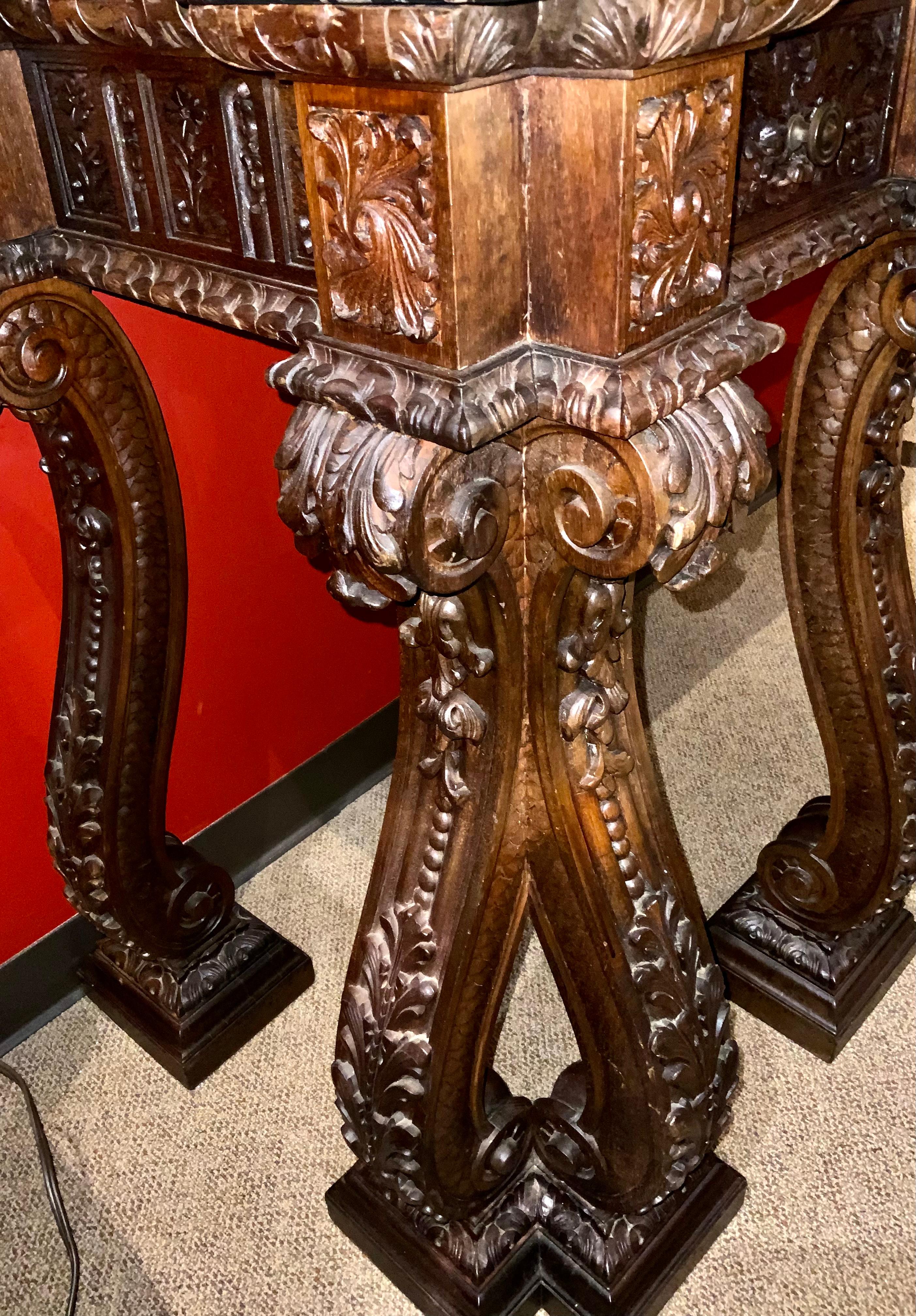 Large French Renaissance Style Carved Walnut Console with Black Marble Top For Sale 2