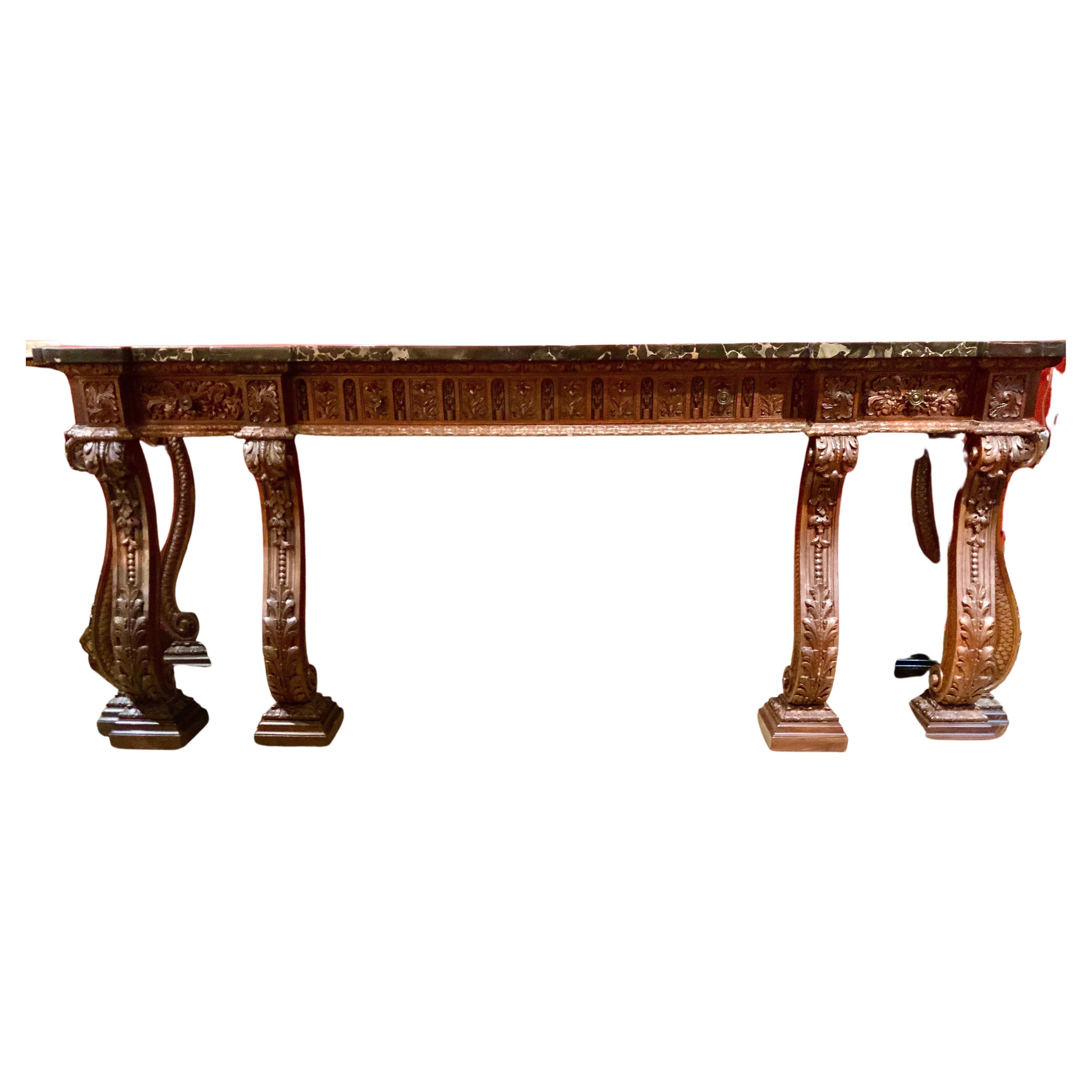 Large French Renaissance Style Carved Walnut Console with Black Marble Top
