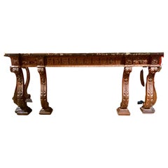 Large French Renaissance Style Carved Walnut Console with Black Marble Top