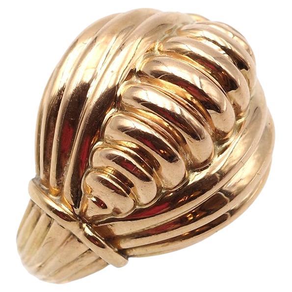 Grande anello francese a cupola Retro in oro 18k, gadroons, anello anni
50, anello grande