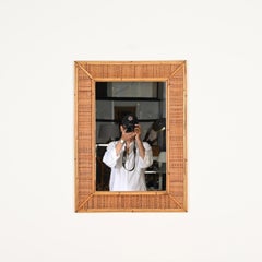 Large French Riviera Rectangular Mirror in Bamboo and Woven Rattan, Italy 1970s