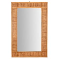 Large French Riviera Rectangular Mirror in Bamboo and Woven Rattan, Italy 1970s