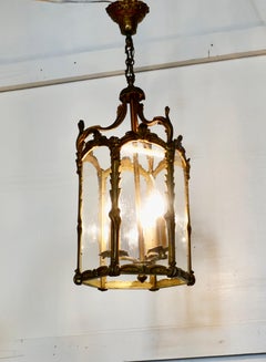 Large French Rococo Brass Glass Lantern Hall Light