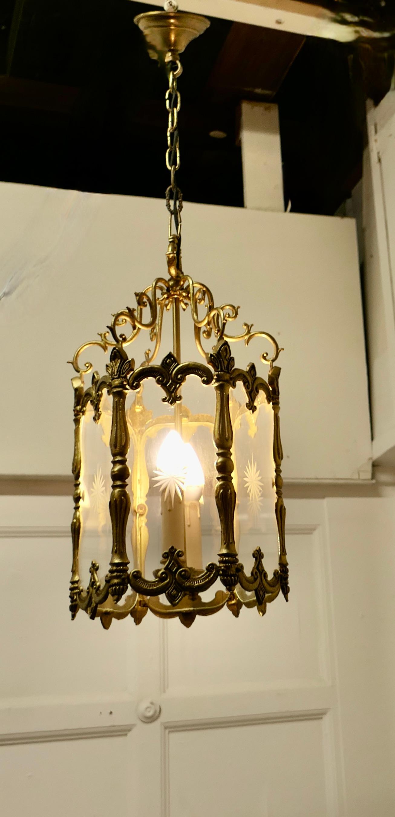 French Provincial Large French Rococo Brass Glass Lantern Hall Light For Sale