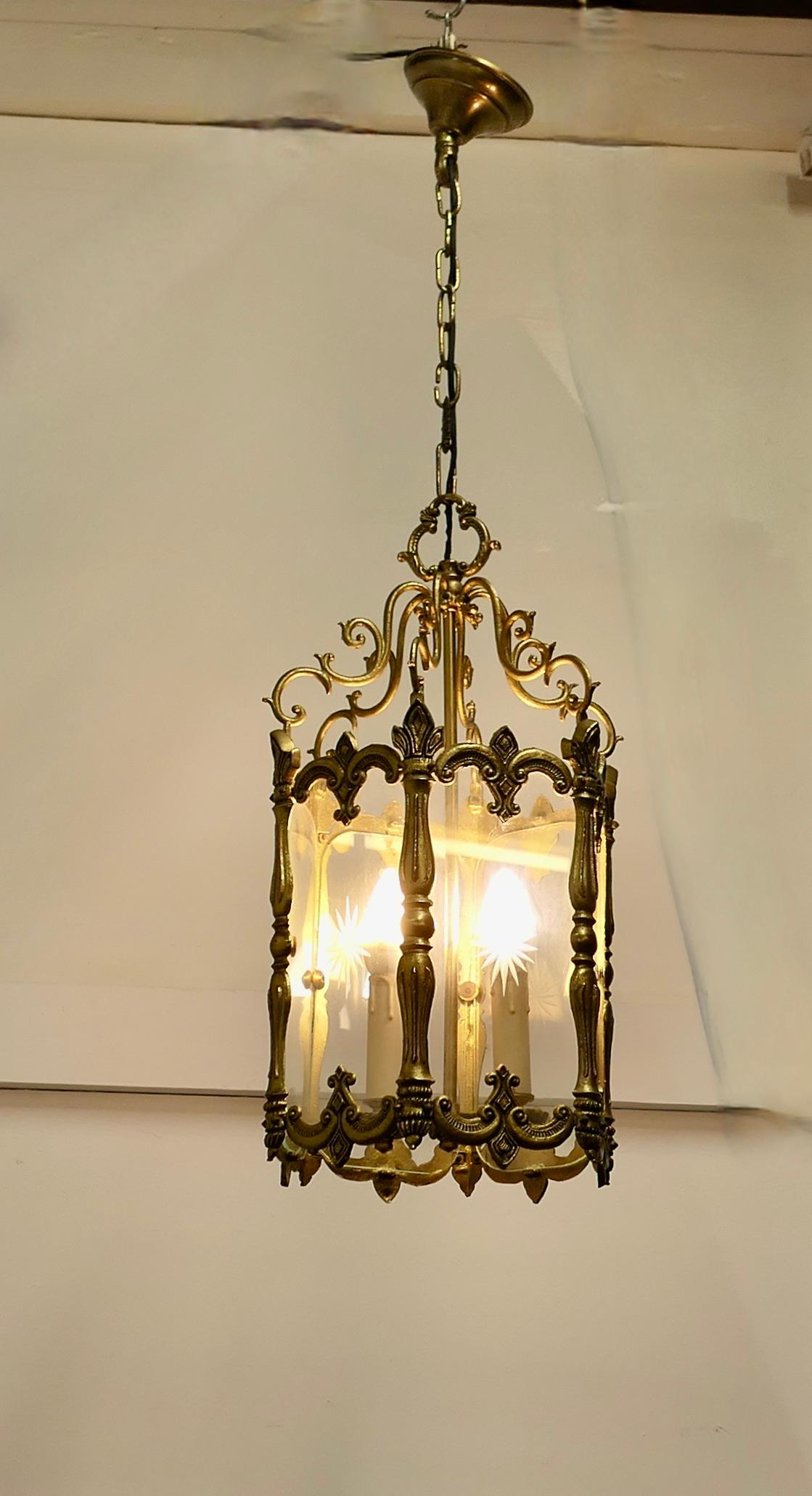 Large French Rococo Brass Glass Lantern Hall Light In Good Condition For Sale In Chillerton, Isle of Wight