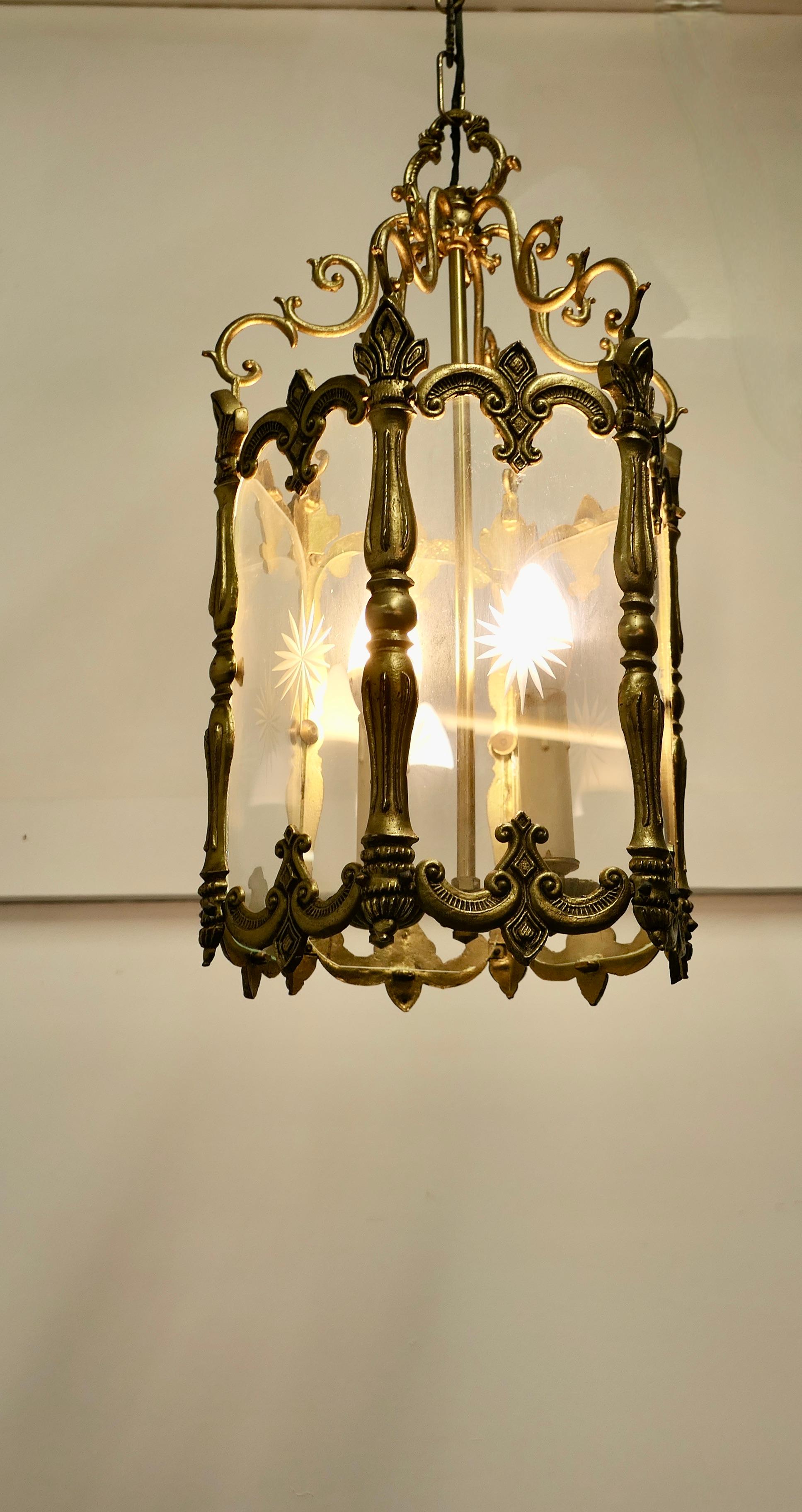 Early 20th Century Large French Rococo Brass Glass Lantern Hall Light For Sale