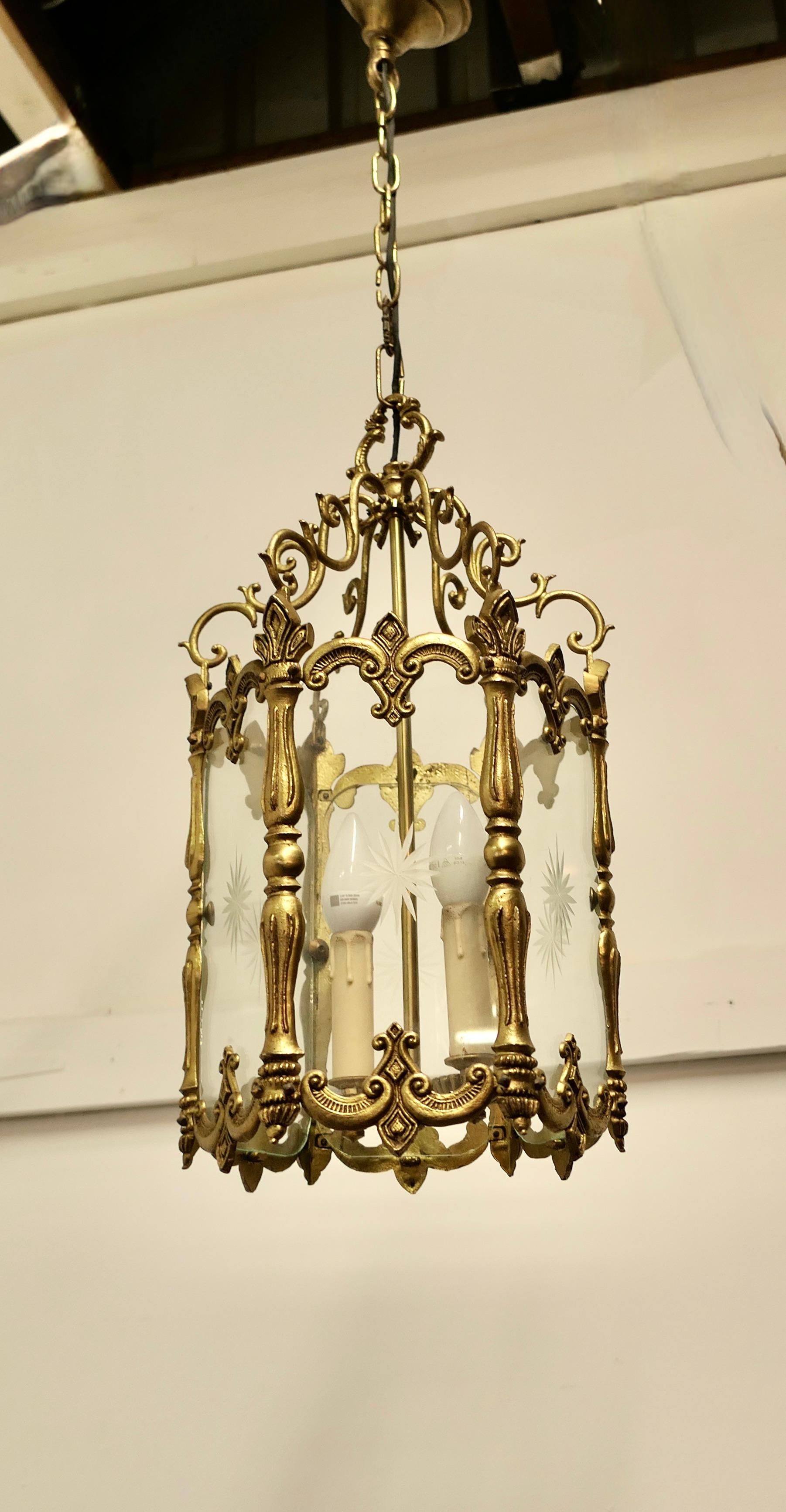 Large French Rococo Brass Glass Lantern Hall Light For Sale 1