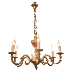 Large French Rococo Gilded Brass 6 Light Chandelier