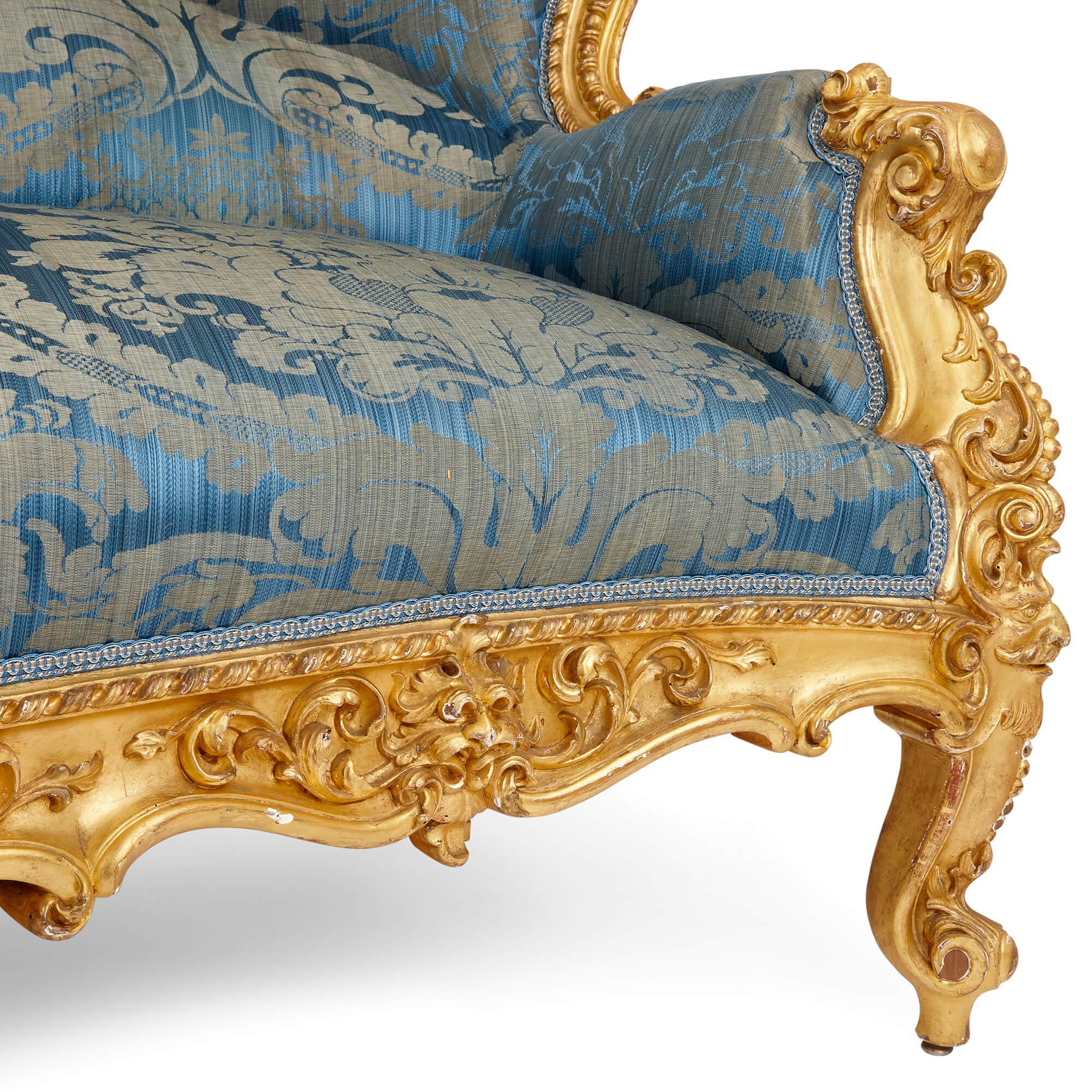19th Century Large French Rococo Revival Style Giltwood Sofa For Sale
