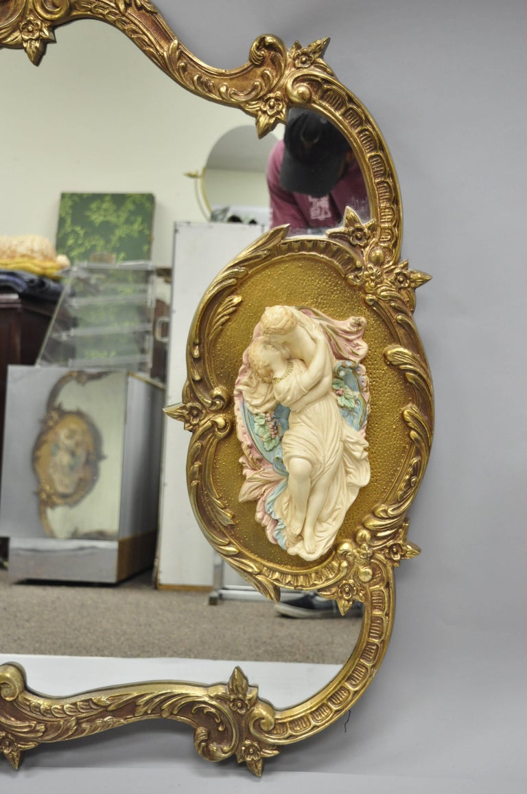 Large French Rococo Style Gold Wall Mirror with Bisque Figural Lovers