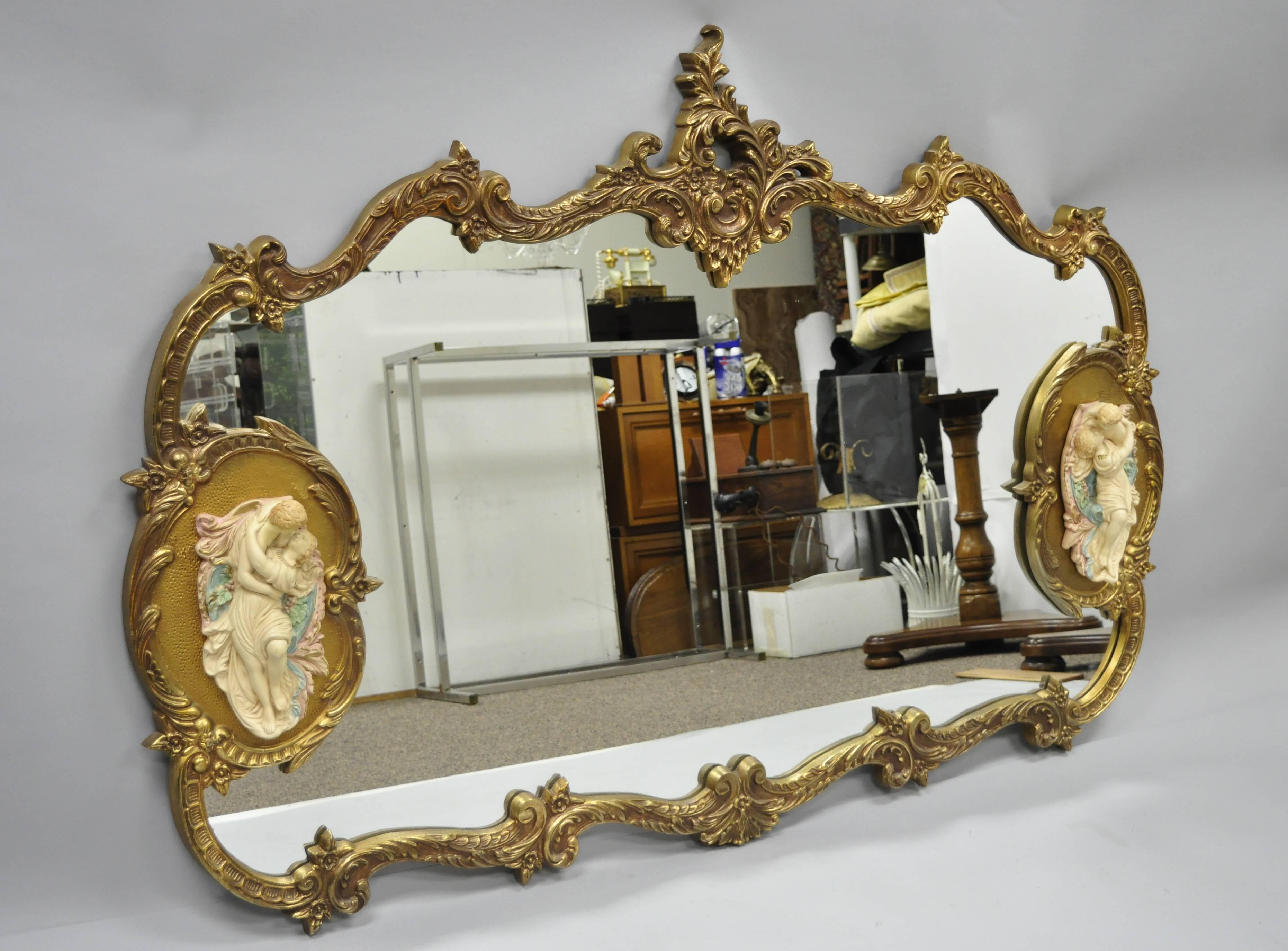American Large French Rococo Style Gold Wall Mirror with Bisque Figural Lovers Plaques
