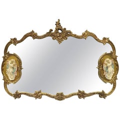 Large French Rococo Style Gold Wall Mirror with Bisque Figural Lovers Plaques