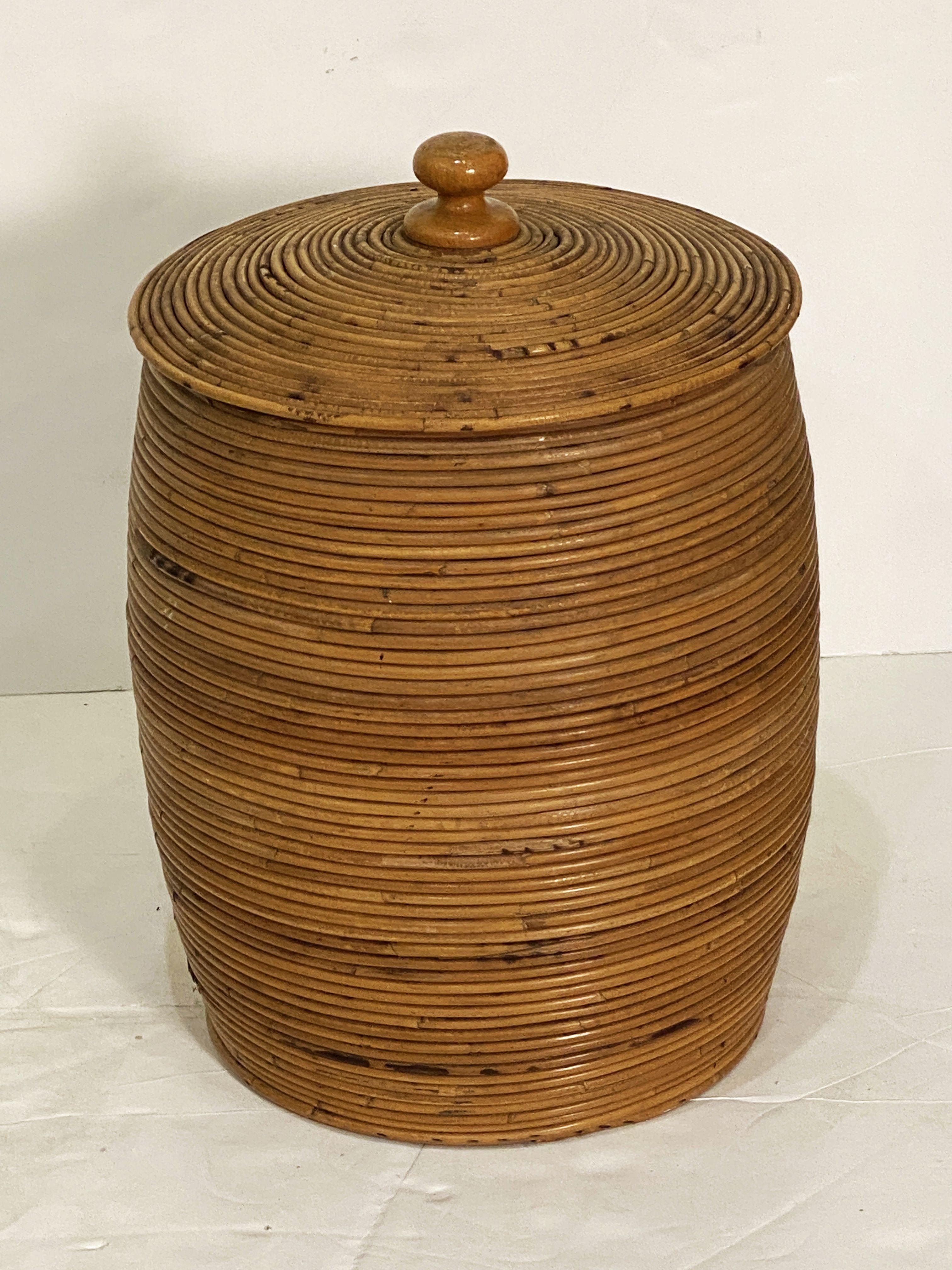 Hand-Woven Large French Round Basket Container of Spiral-Work Cane with Lid For Sale