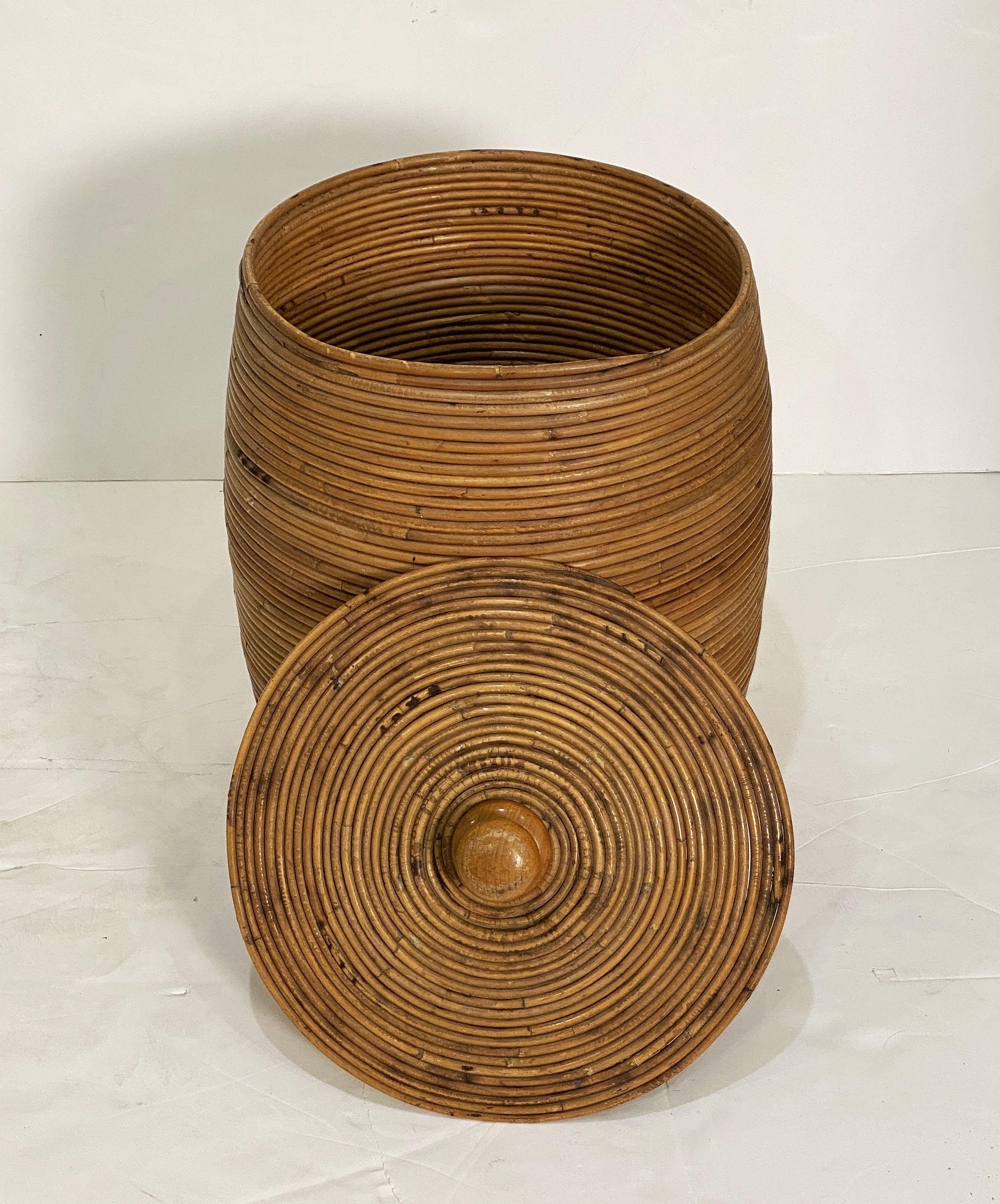 20th Century Large French Round Basket Container of Spiral-Work Cane with Lid For Sale