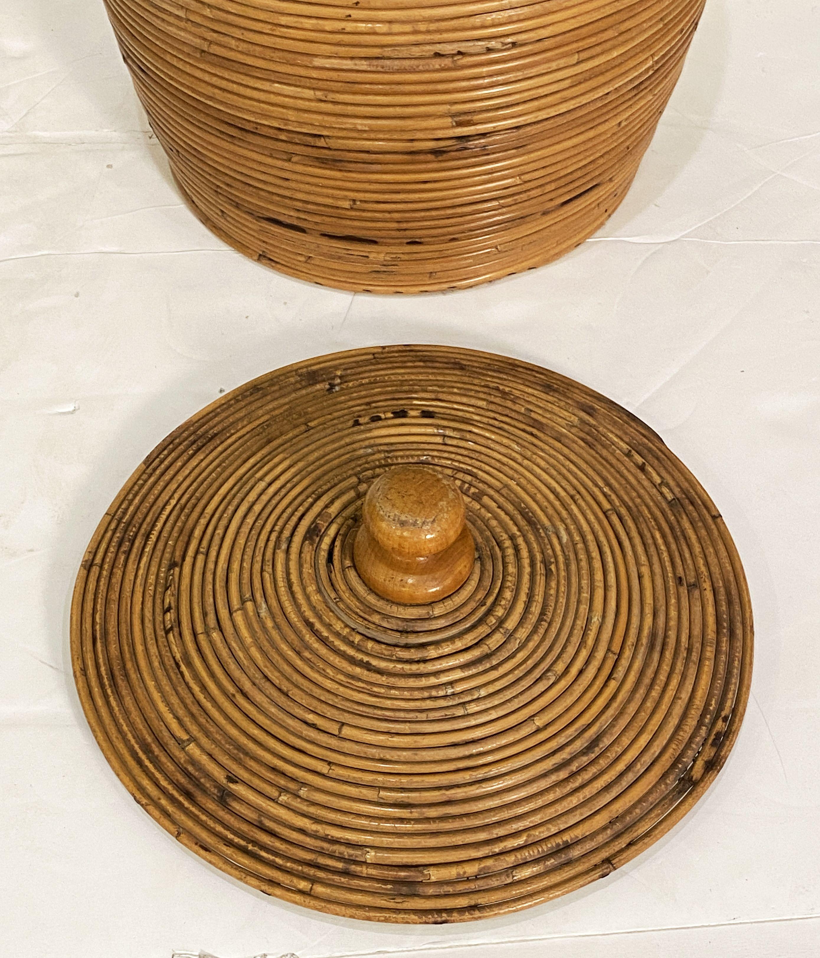 Wood Large French Round Basket Container of Spiral-Work Cane with Lid For Sale