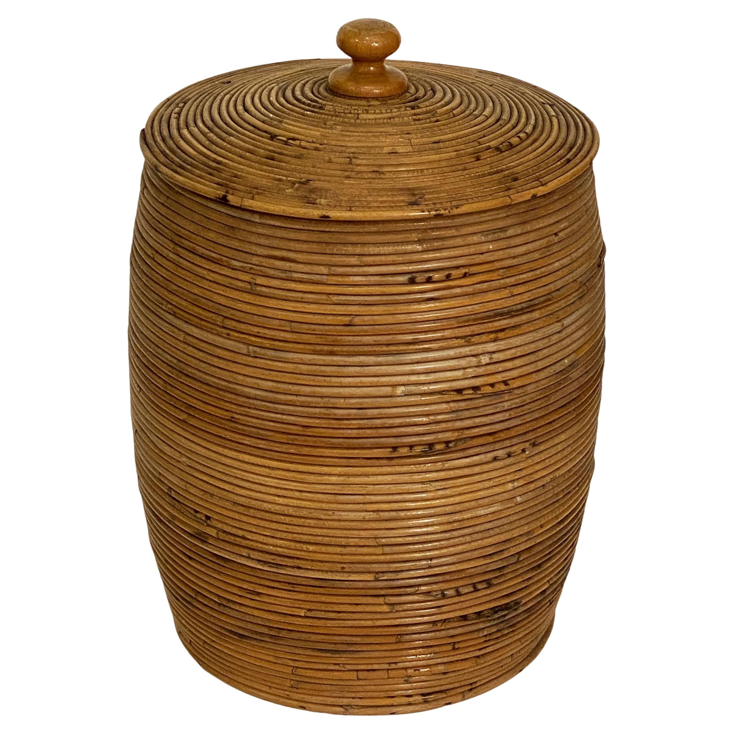 Large French Round Basket Container of Spiral-Work Cane with Lid For Sale