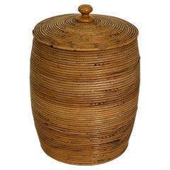 Large French Round Basket Container of Spiral-Work Cane with Lid