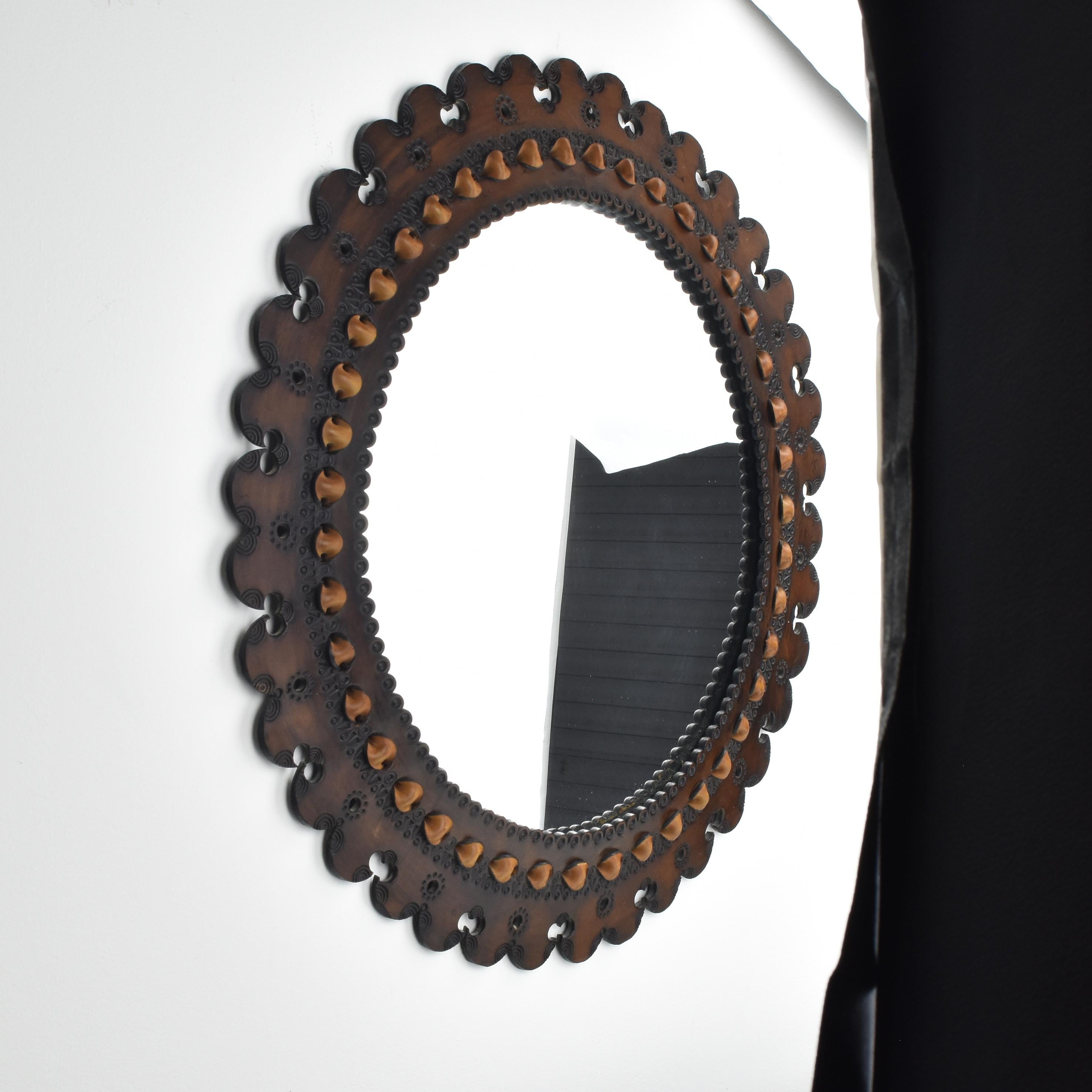 Mid-20th Century Large French Round Leather Mirror Handmade Embossed Spanish Revival 1960s