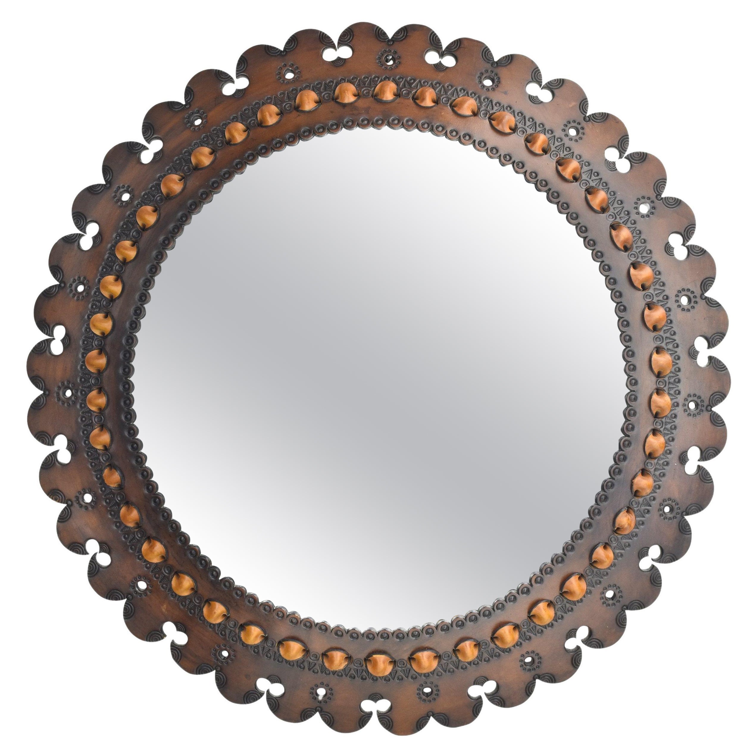 Large French Round Leather Mirror Handmade Embossed Spanish Revival 1960s