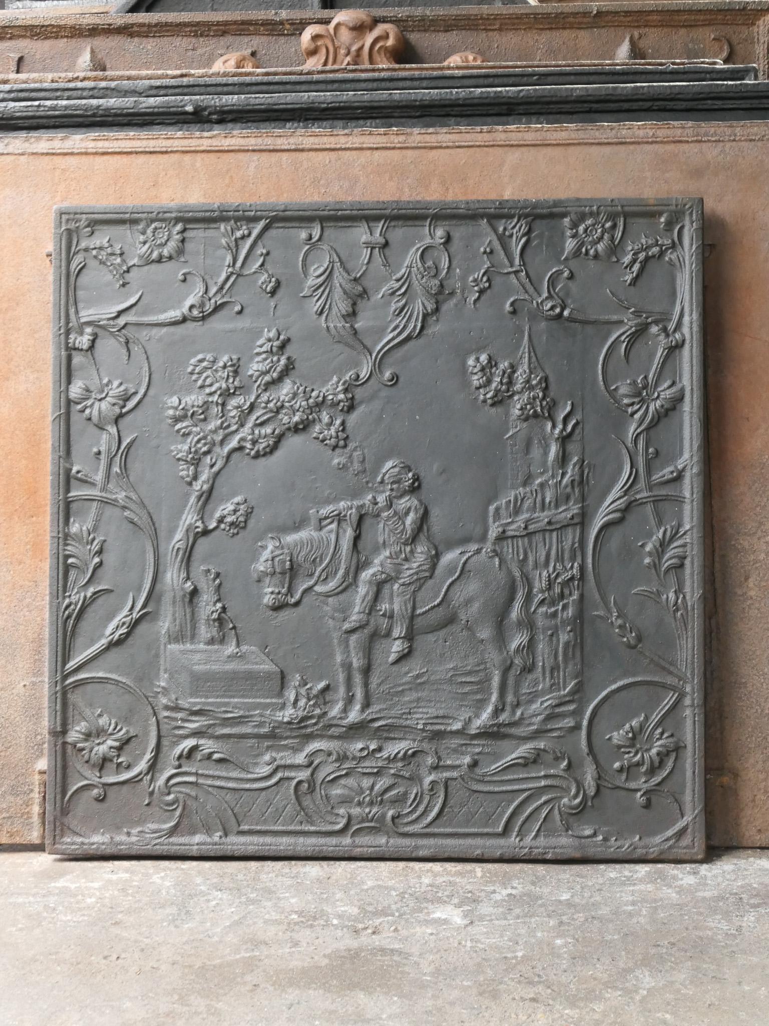 19th century French fireplace fireback with a rural scene. The fireback is made of cast iron and has a black /pewter patina. The fireback is in a good condition and does not have cracks.

This product weighs more than 65 kg / 143 lbs. All our