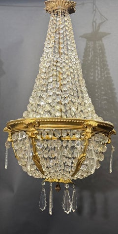 Large French Sac a pearl Bronze Crystal Basket Chandelier, 1940s