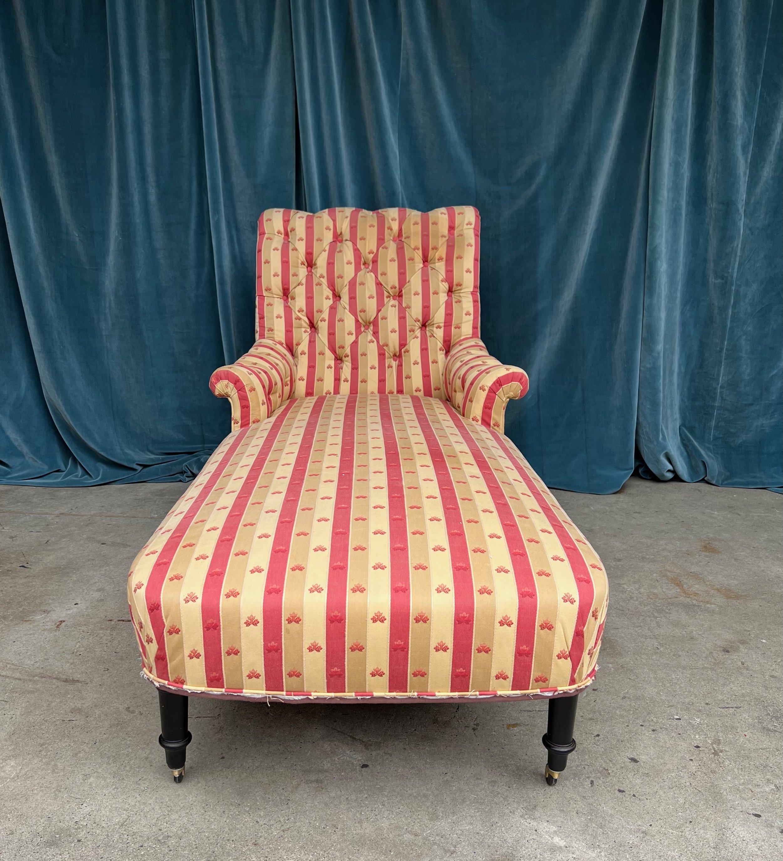 Upholstery Large French Scrolled Back Chaise Longue in Striped Patterned Fabric  For Sale