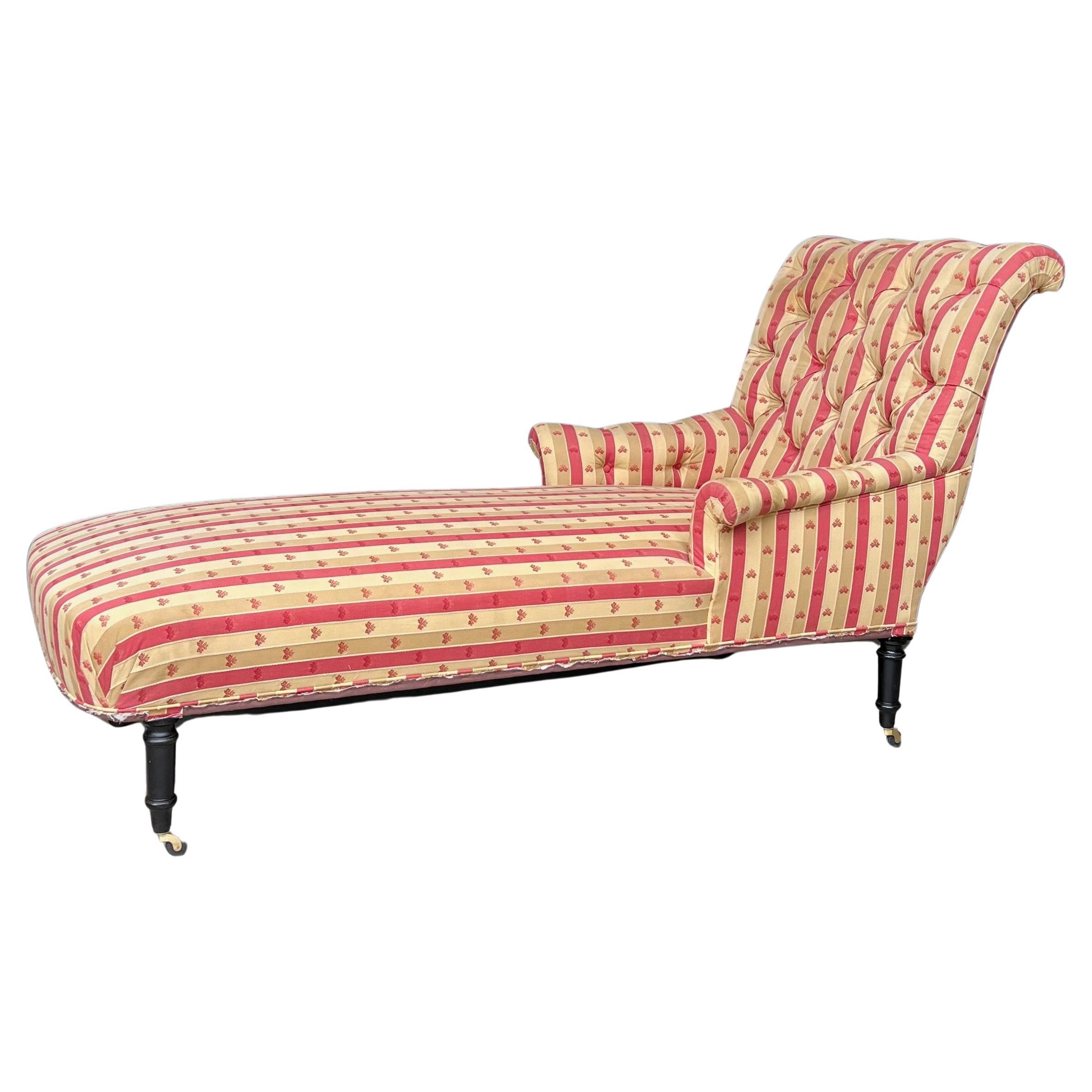 Large French Scrolled Back Chaise Longue in Striped Patterned Fabric  For Sale