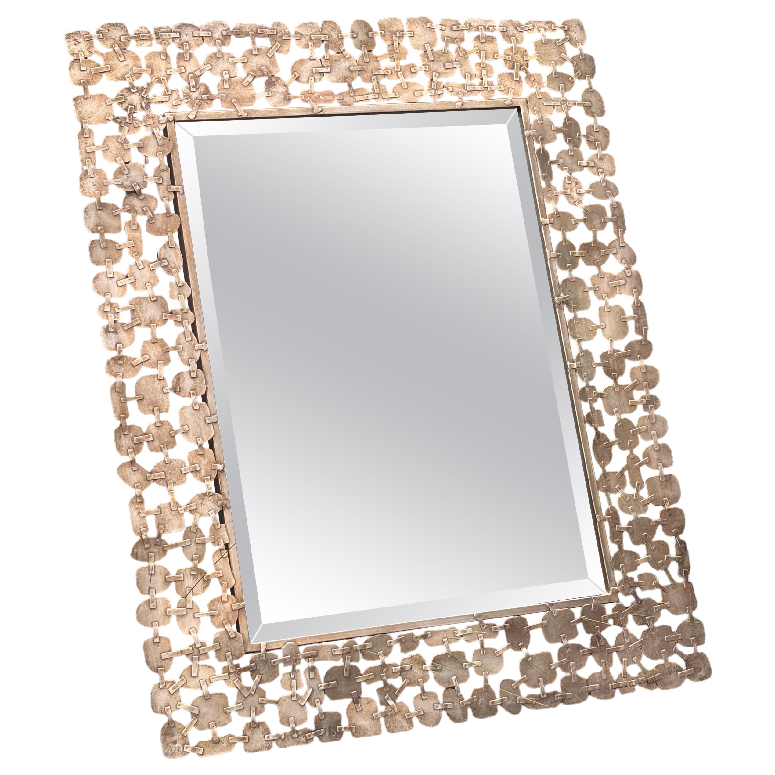 Large French Sculptural Silvered Metal Mosaic Mirror with Brutalist Frame