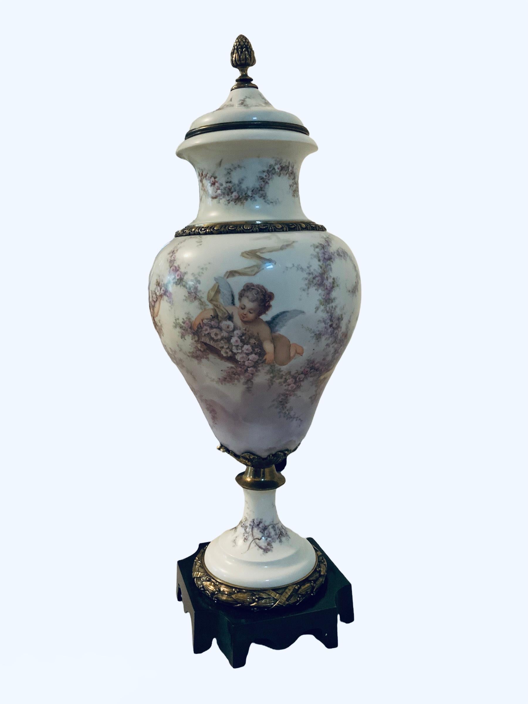 Large French Sevres Bronze Mounted Hand Painted Porcelain Lidded Urn For Sale 5