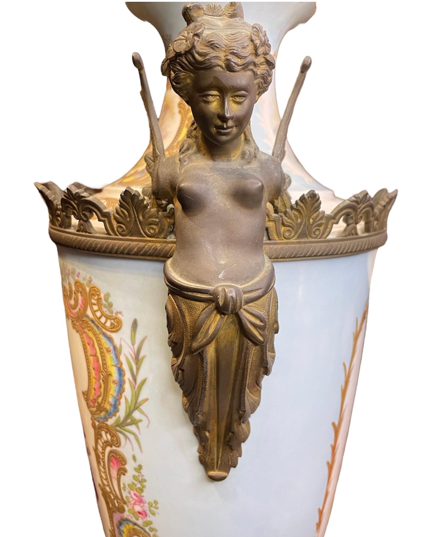 Large French Sevres Style Bronze Mounted Hand Painted Porcelain Lidded Urn For Sale 5