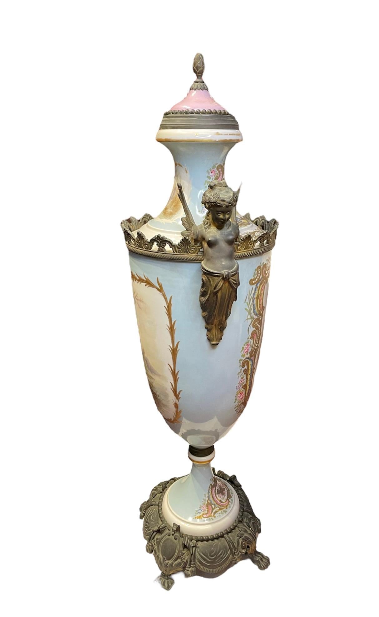 Large French Sevres Style Bronze Mounted Hand Painted Porcelain Lidded Urn For Sale 7