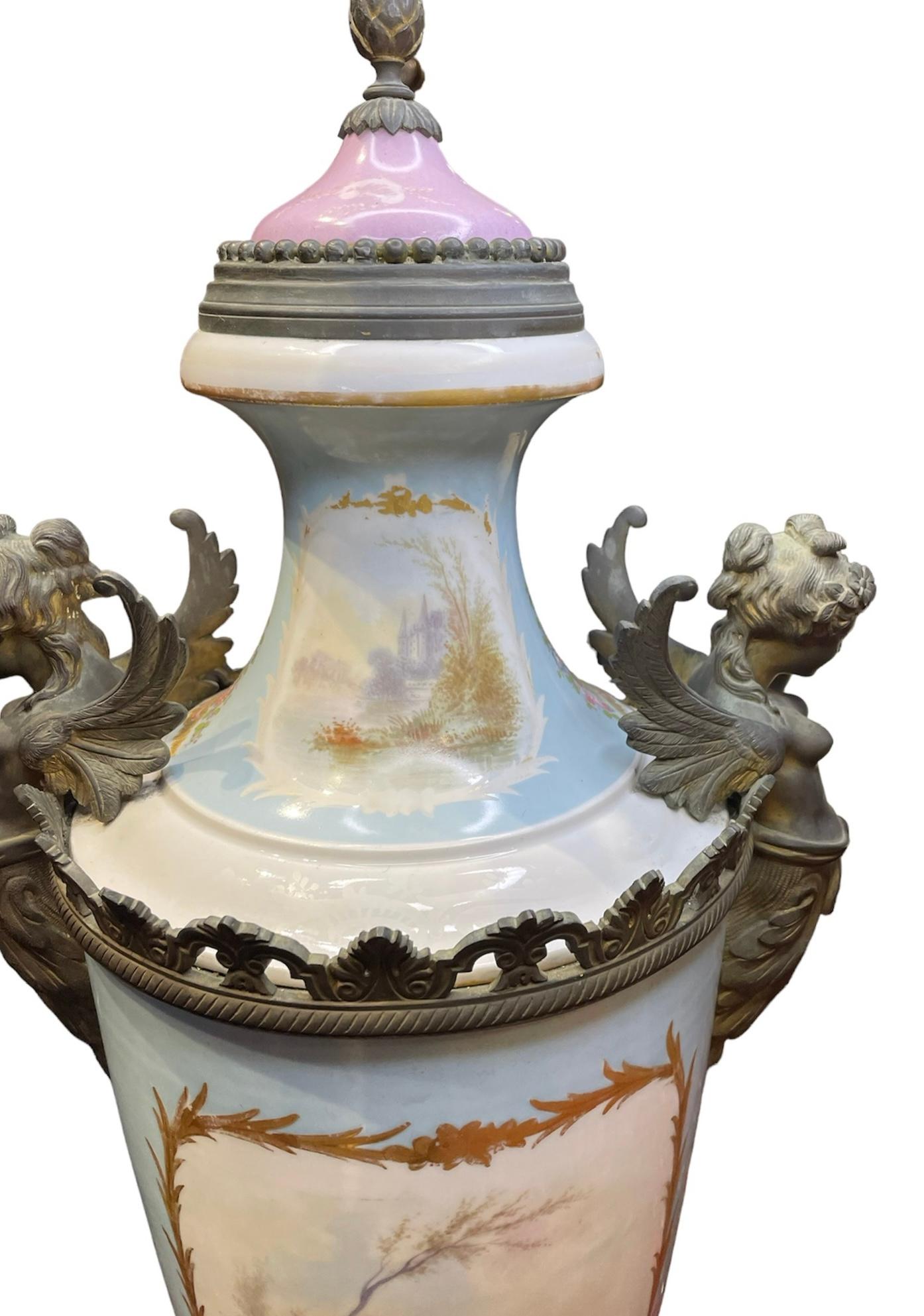 Large French Sevres Style Bronze Mounted Hand Painted Porcelain Lidded Urn For Sale 8