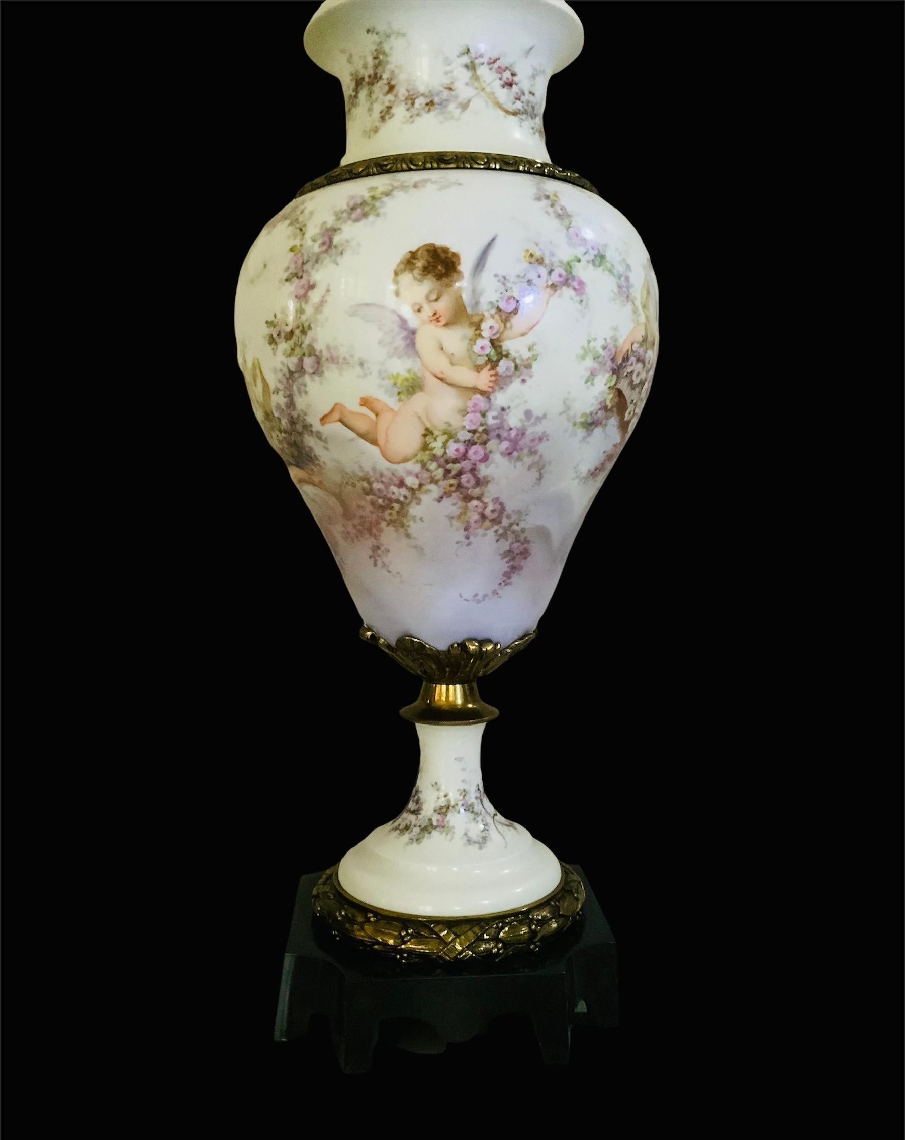 Large French Sevres Bronze Mounted Hand Painted Porcelain Lidded Urn For Sale 10