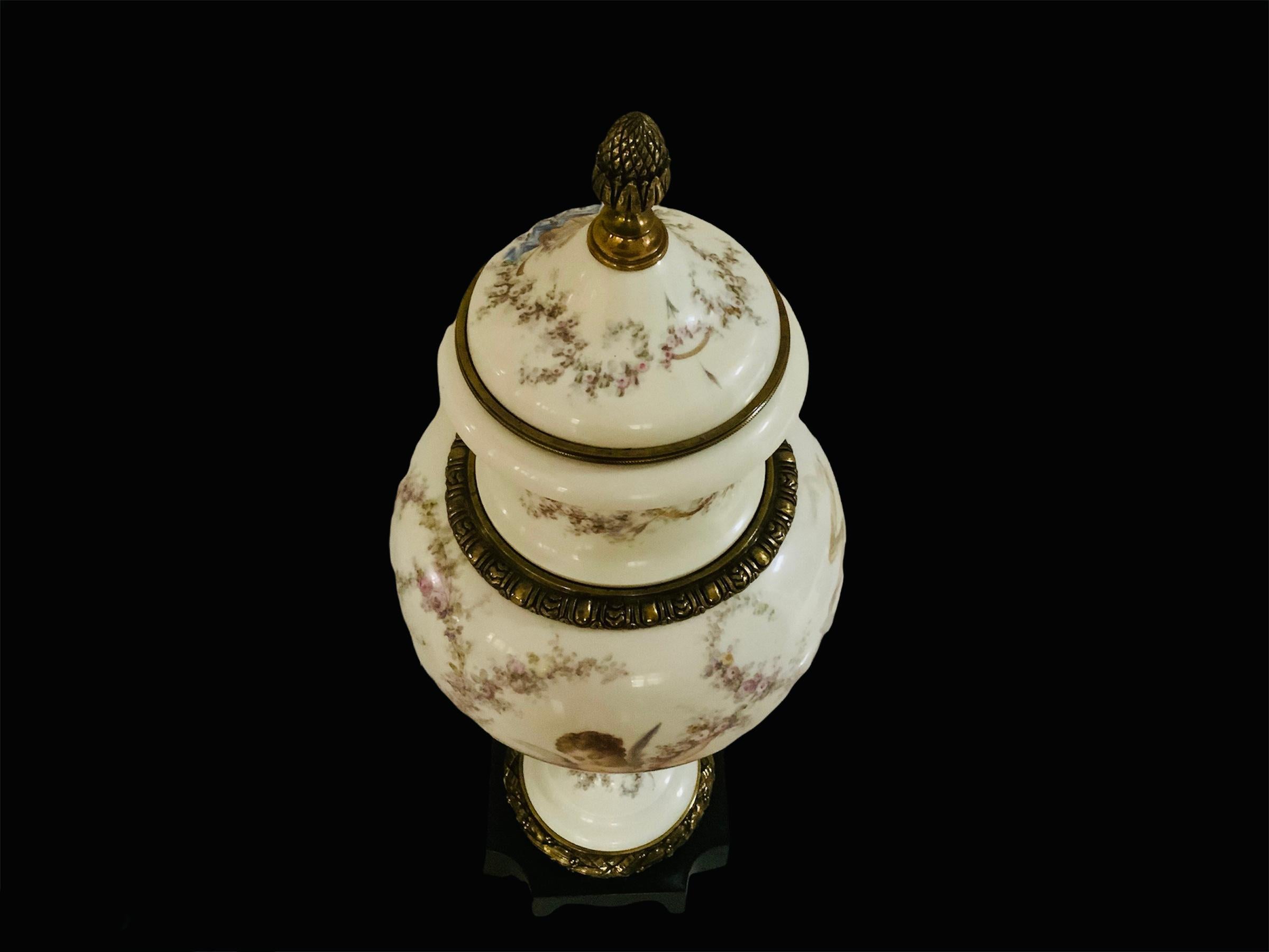 19th Century Large French Sevres Bronze Mounted Hand Painted Porcelain Lidded Urn For Sale