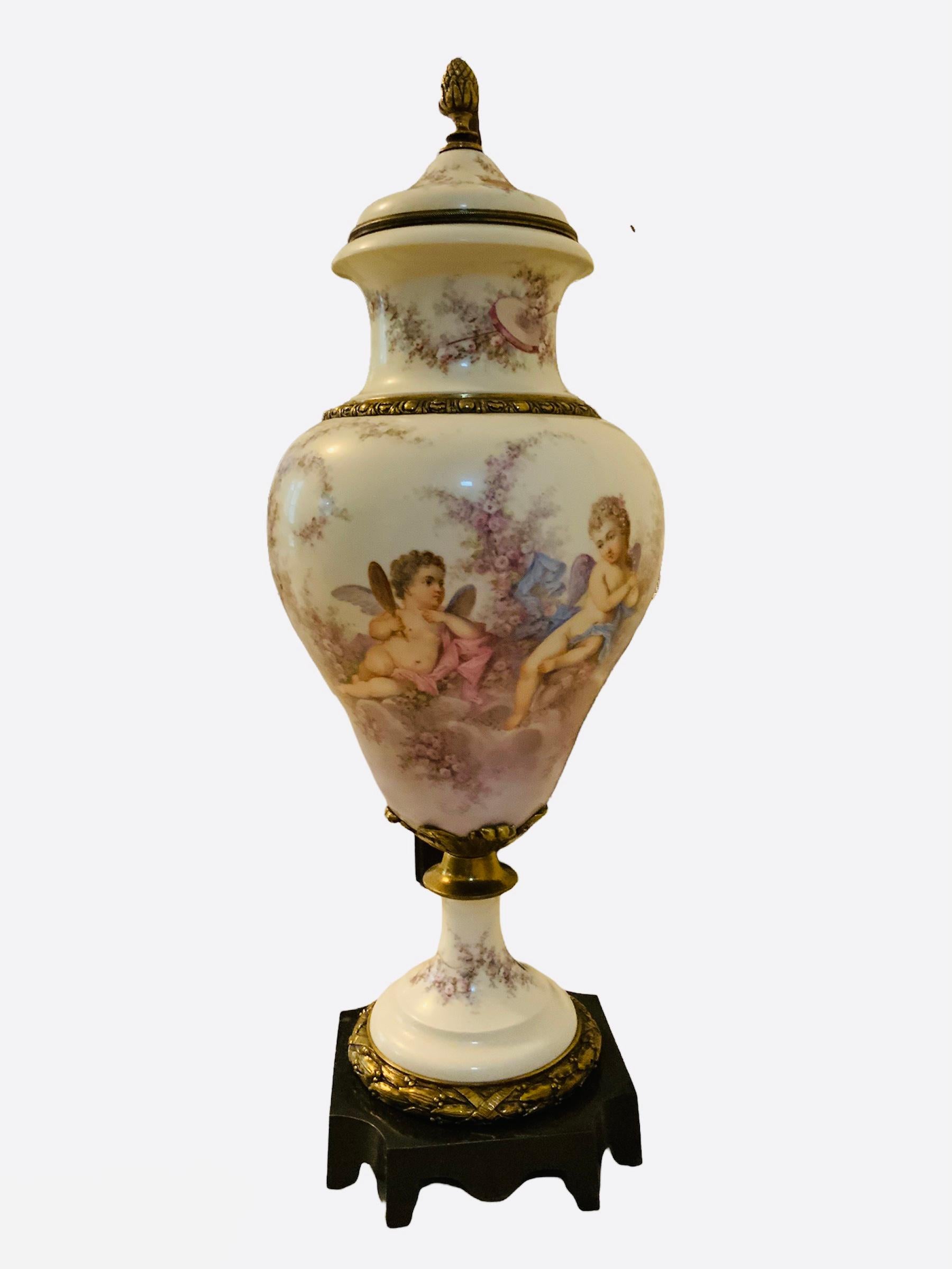 Large French Sevres Bronze Mounted Hand Painted Porcelain Lidded Urn For Sale 2