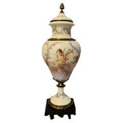 Antique Large French Sevres Bronze Mounted Hand Painted Porcelain Lidded Urn