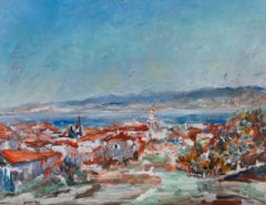 Large French Signed Impressionist Seaside Village Landscape Oil Painting