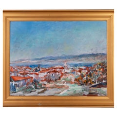 Large French Signed Impressionist Seaside Village Landscape Oil Painting
