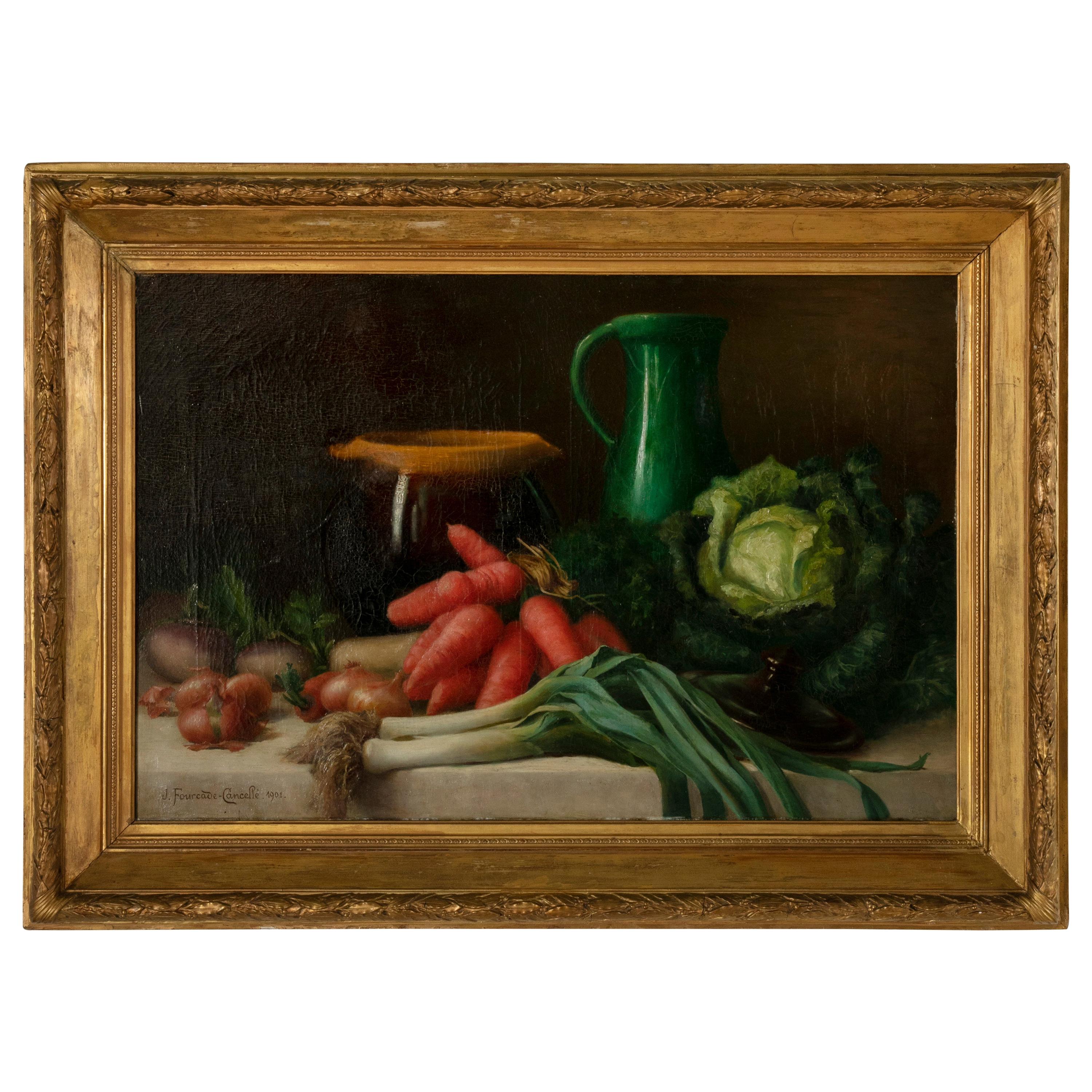 Large French Signed Oil on Canvas Still Life Painting in Giltwood Frame c. 1901