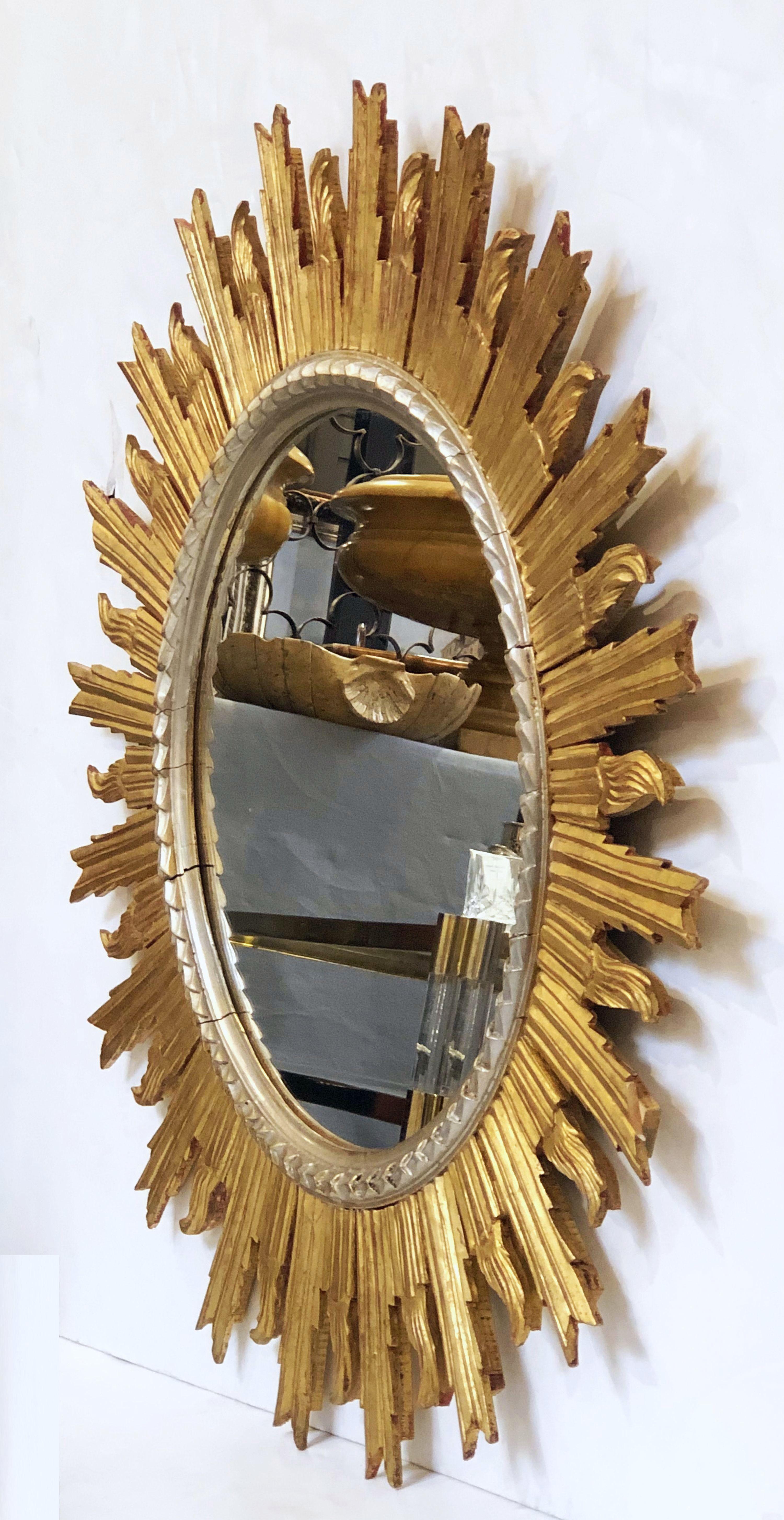 Large French Silver and Gilt Sunburst Mirror (Diameter 36) In Good Condition In Austin, TX