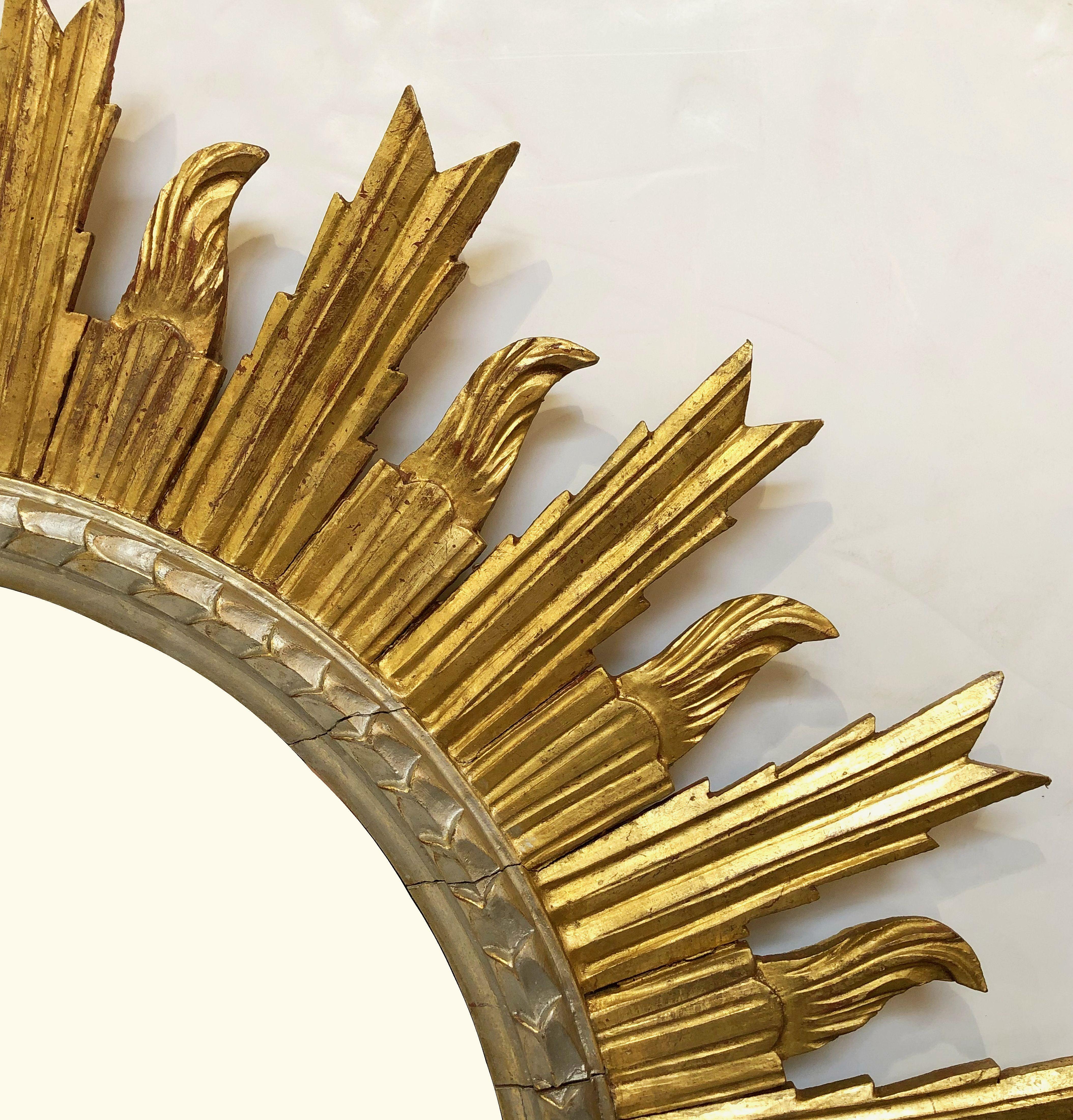 Plaster Large French Silver and Gilt Sunburst Mirror (Diameter 36)