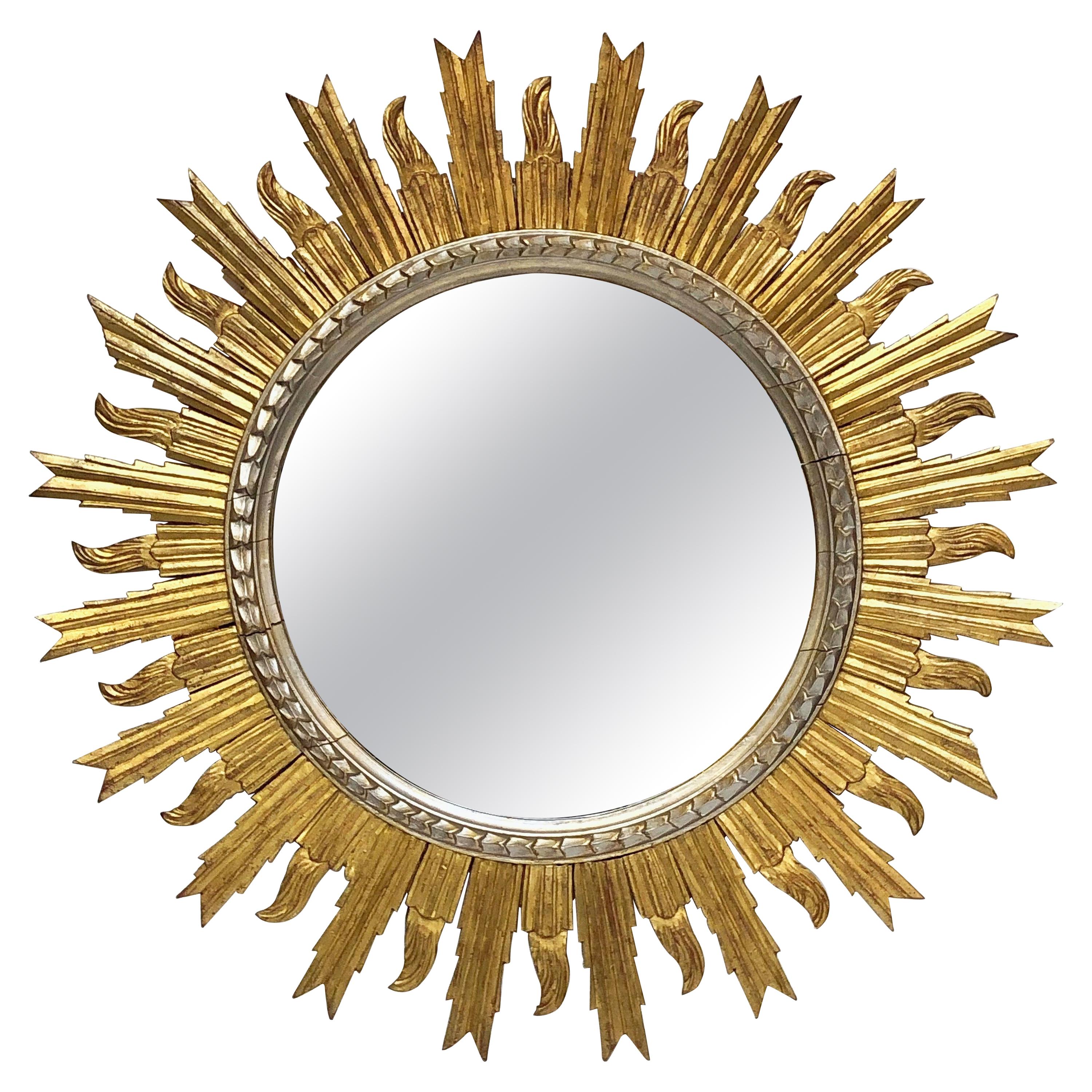 Large French Silver and Gilt Sunburst Mirror (Diameter 36)