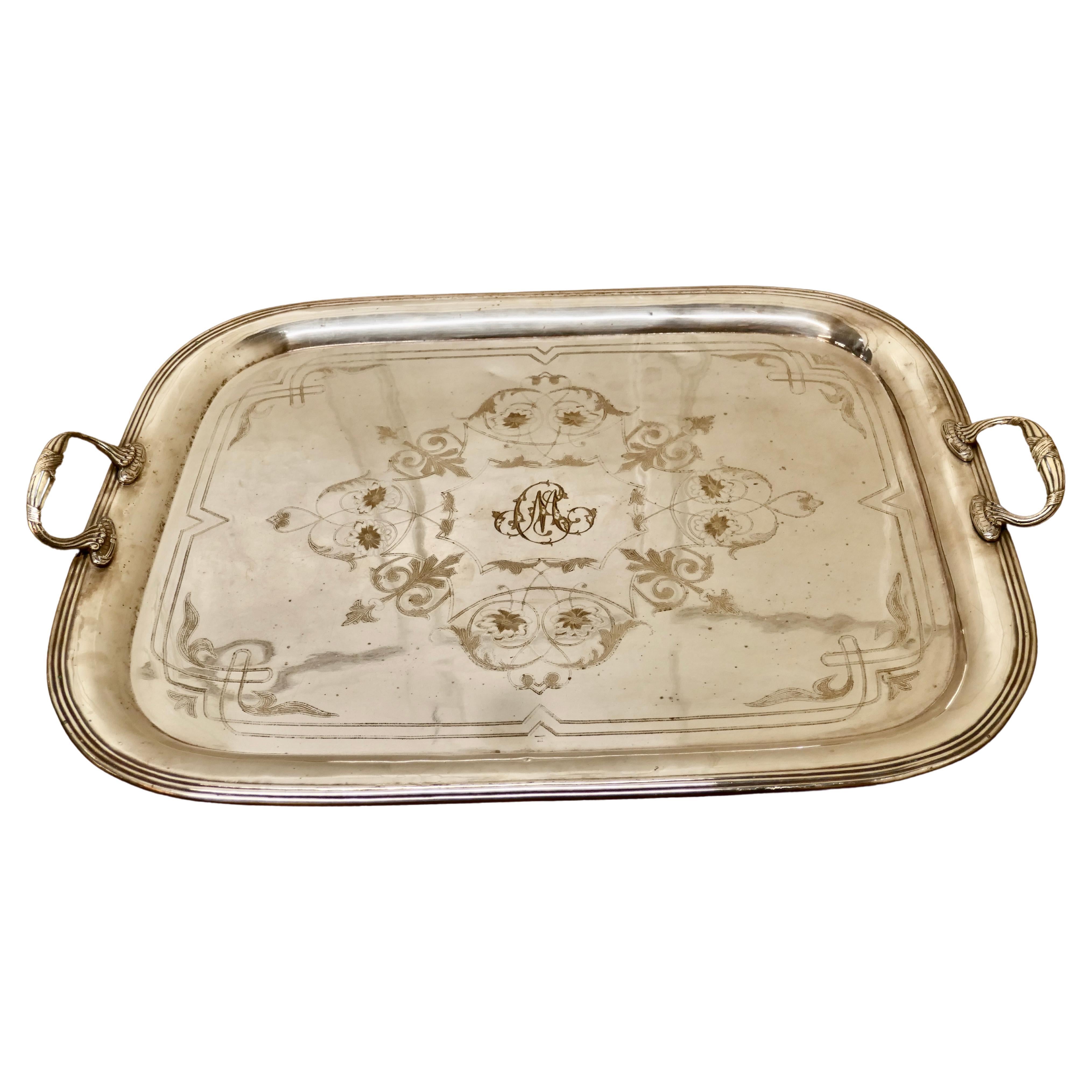 Large French Silver Plated Tray by Lame & Lacroix For Sale