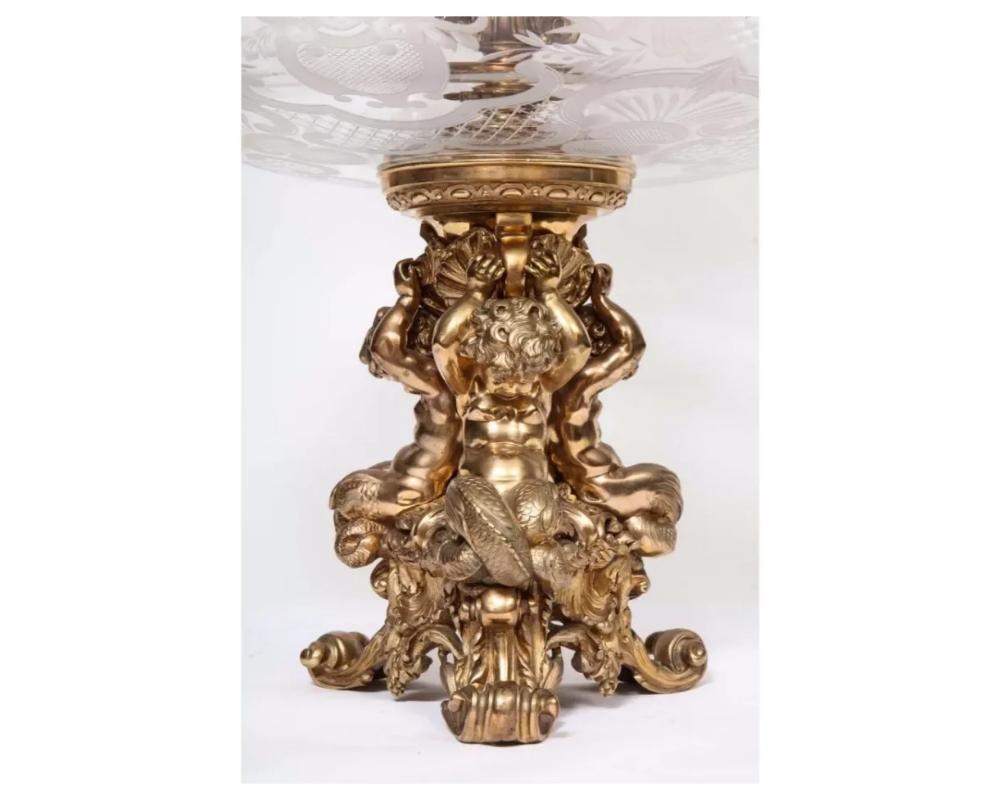 Large French Silvered Bronze and Cut Crystal Allegorical Three-Tier Centerpiece For Sale 8
