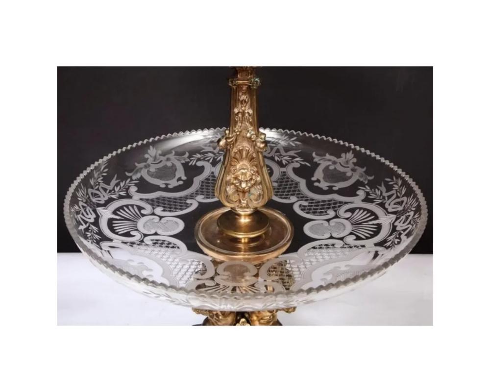 Large French Silvered Bronze and Cut Crystal Allegorical Three-Tier Centerpiece For Sale 9
